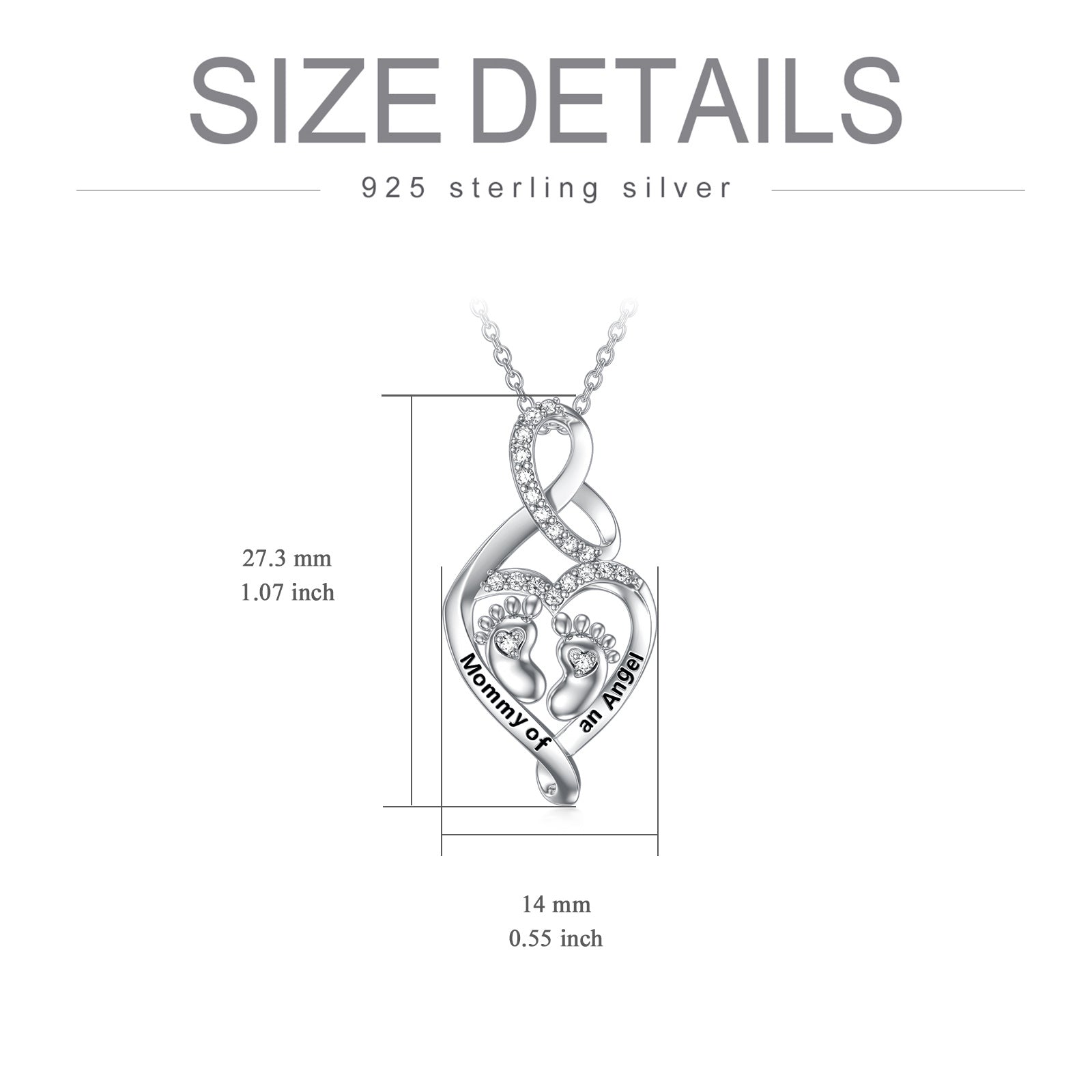 Sterling Silver Circular Shaped Cubic Zirconia Feet & Heart Pendant Necklace with Engraved Word