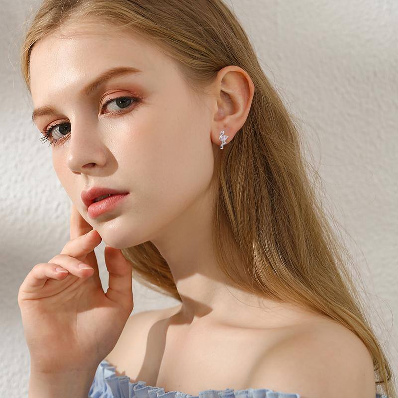 Sterling Silver Circular Shaped Cubic Zirconia Flamingo Stud Earrings