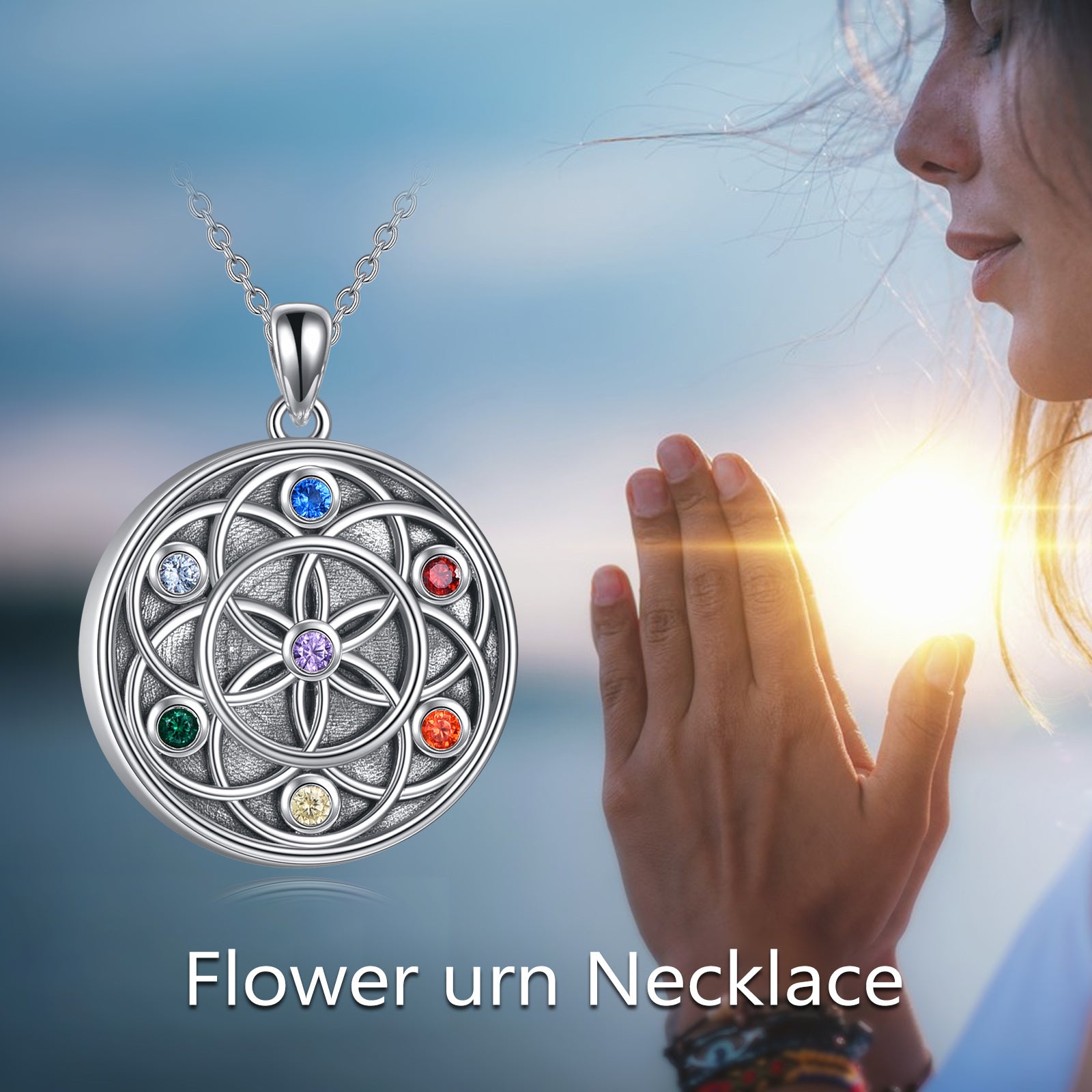 Sterling Silver Circular Shaped Cubic Zirconia Flower Of Life & Chakras Urn Necklace for Ashes with Engraved Word