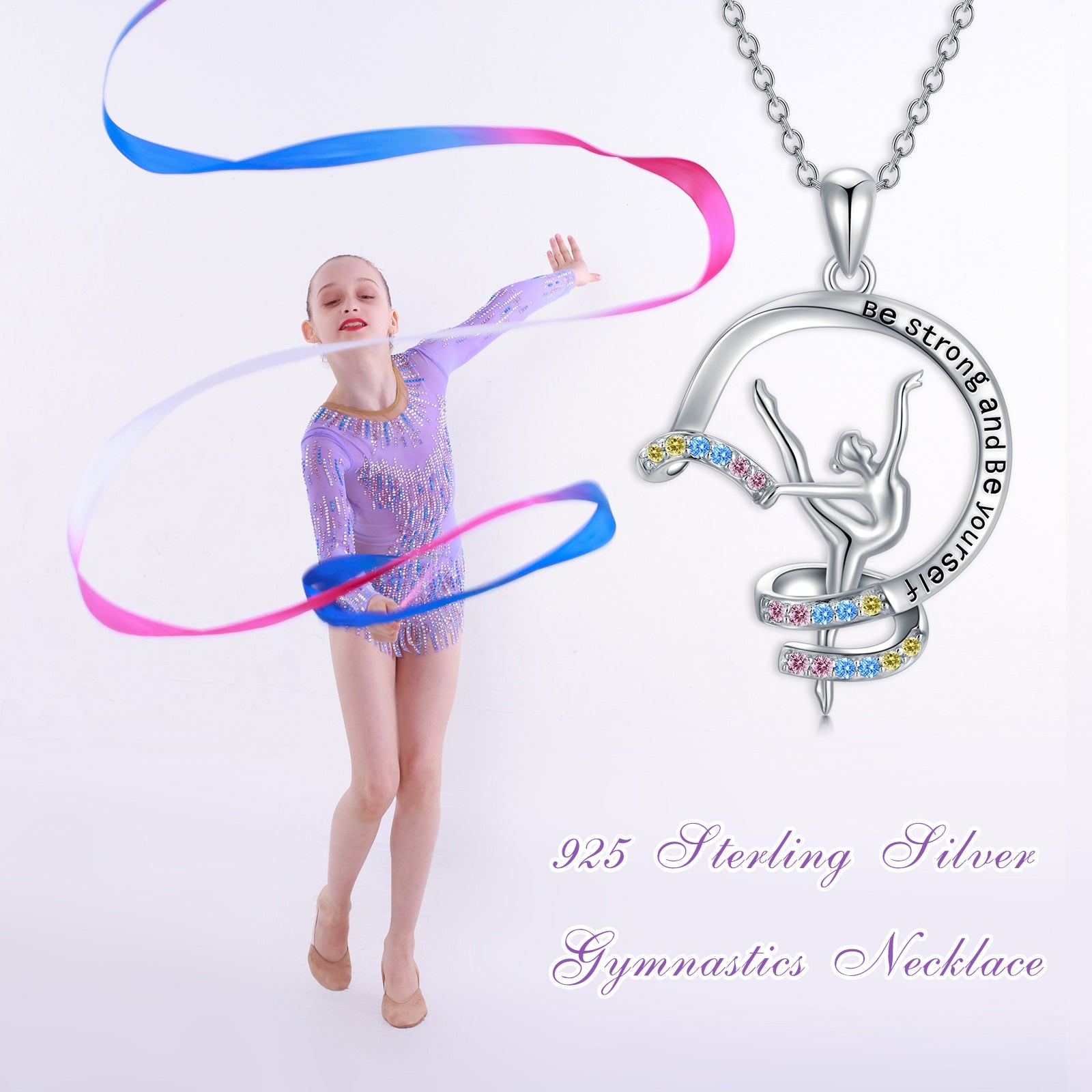 Sterling Silver Circular Shaped Cubic Zirconia Gymnast Pendant Necklace with Engraved Word