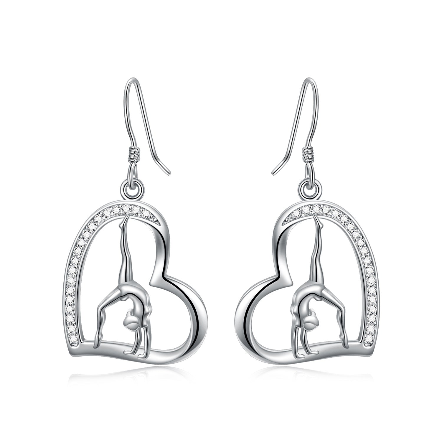 Sterling Silver Circular Shaped Cubic Zirconia Gymnastics & Heart Drop Earrings