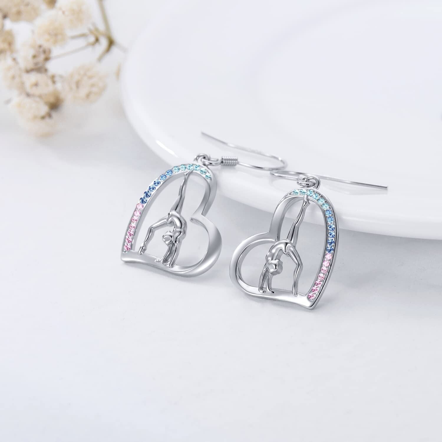 Sterling Silver Circular Shaped Cubic Zirconia Gymnastics & Heart Drop Earrings