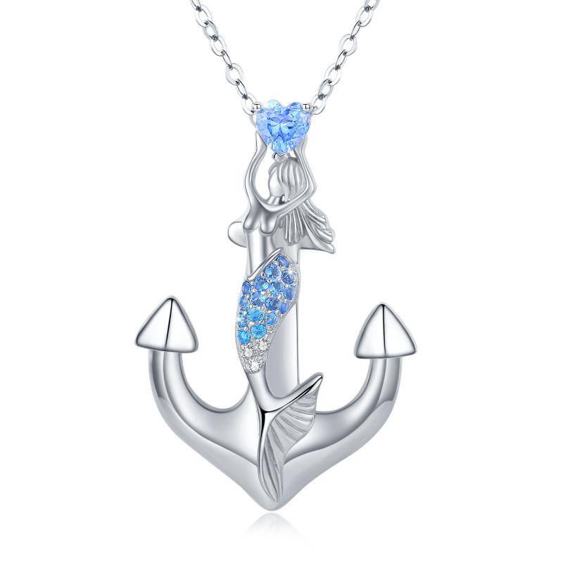 Sterling Silver Circular Cubic Zirconia Anchor With With Mermaid Pendant Necklace For Women