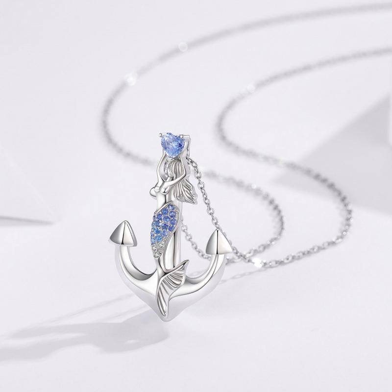 Sterling Silver Circular Cubic Zirconia Anchor With With Mermaid Pendant Necklace For Women