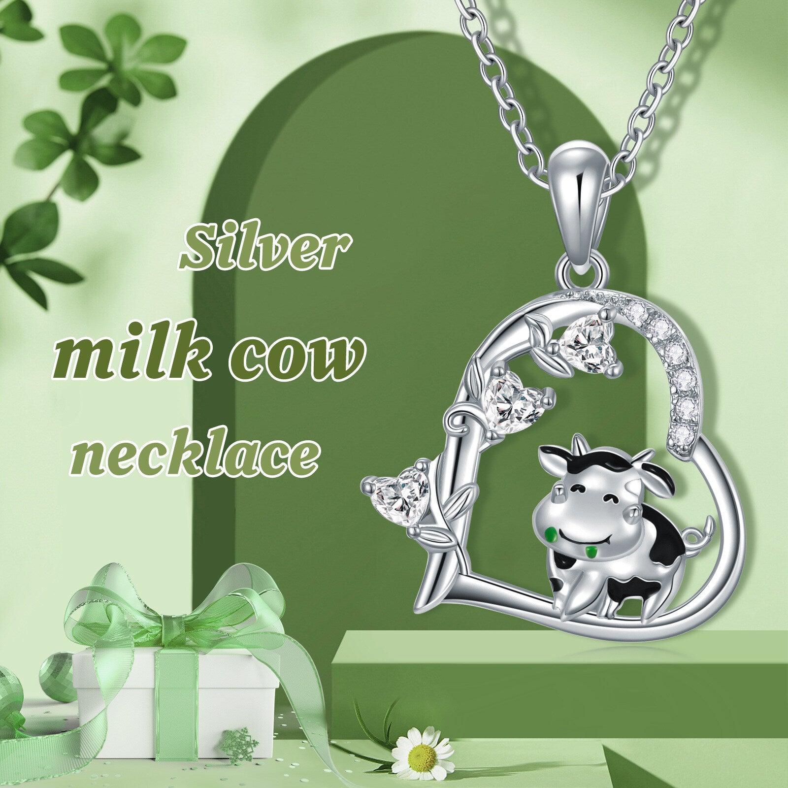 Sterling Silver Cow & Heart Pendant Necklace Cz Ivy Jewelry Gift For Girl