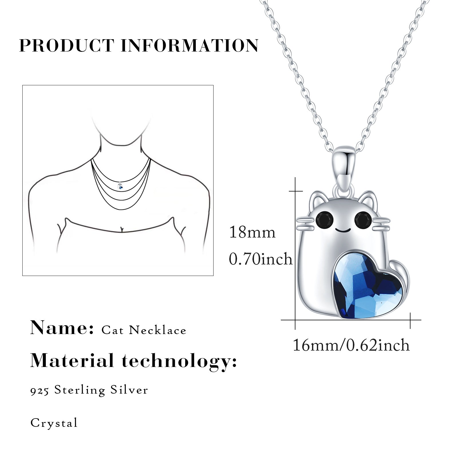 Sterling Silver Heart Crystal Cat Pendant Necklace For Women Best Friends