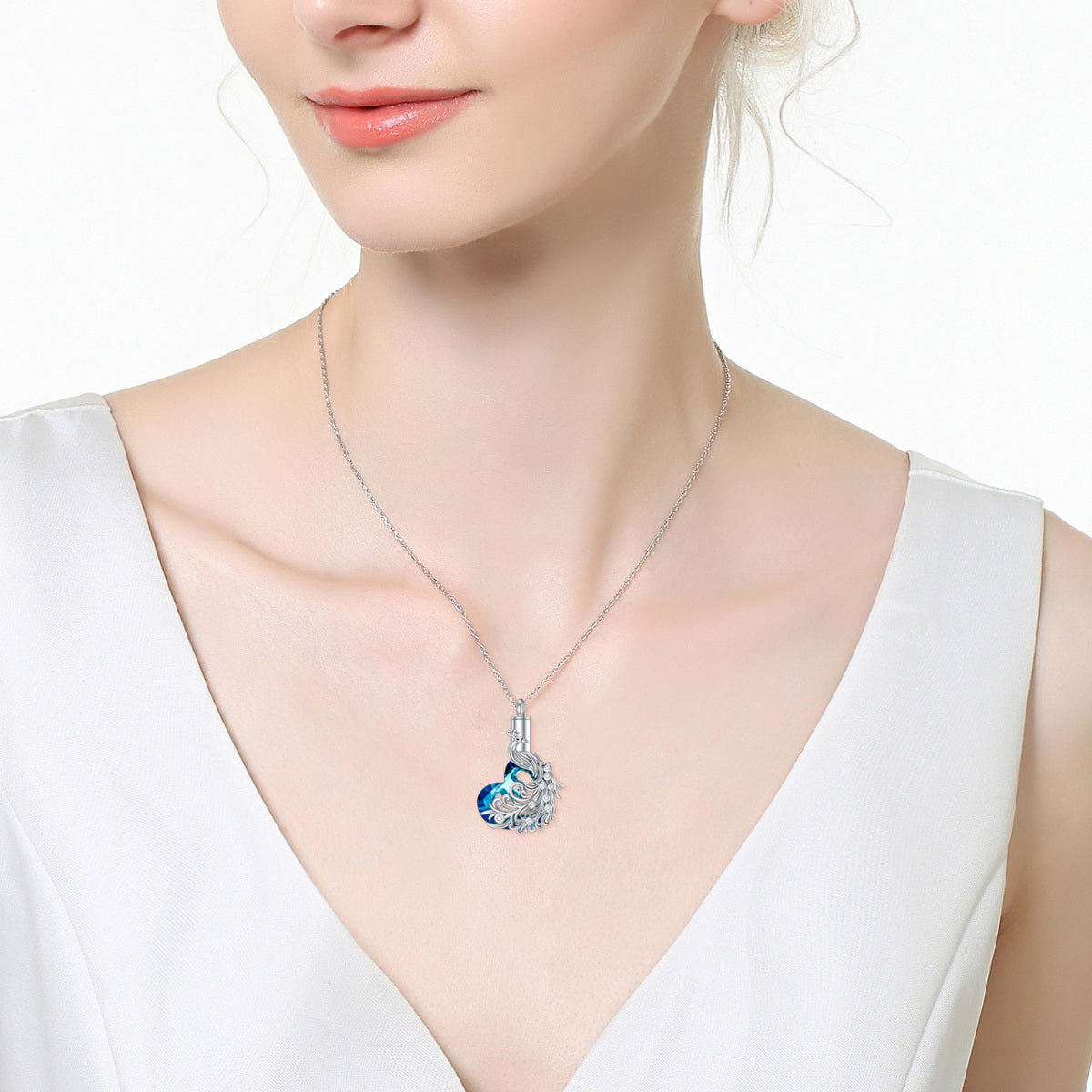 Sterling Silver Heart Crystal Peacock & Heart Urn Necklace For Ashes