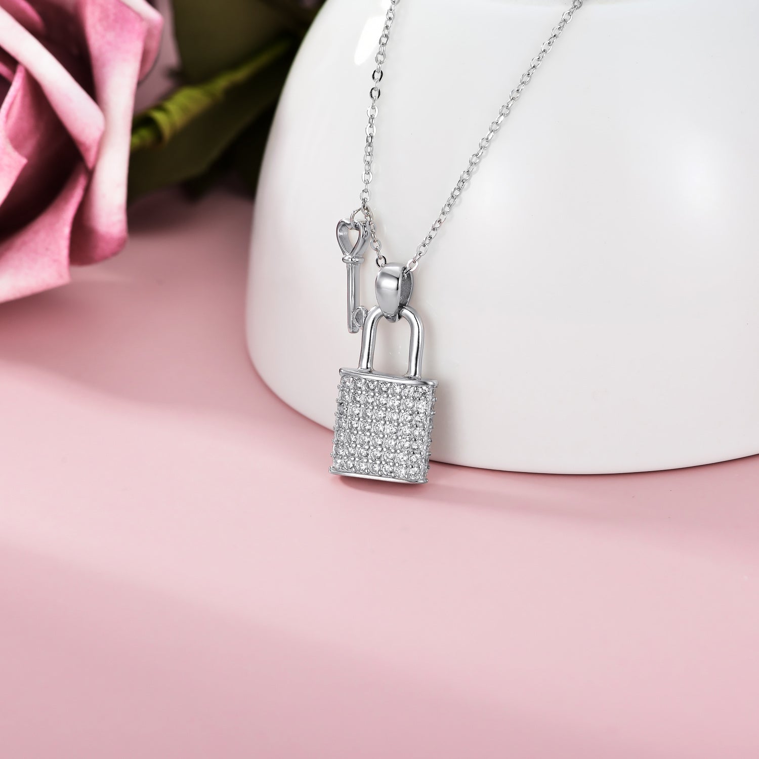 Sterling Silver Cubic Zirconia Heart Key And Lock Pendant Necklace For Women