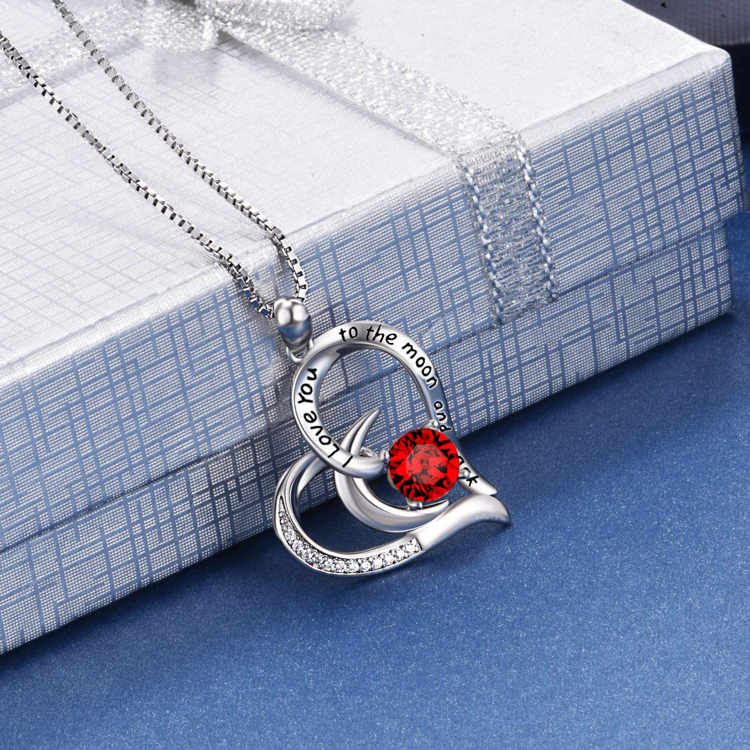 Sterling Silver Circular Shaped Cubic Zirconia Heart & Moon Pendant Necklace with Engraved Word