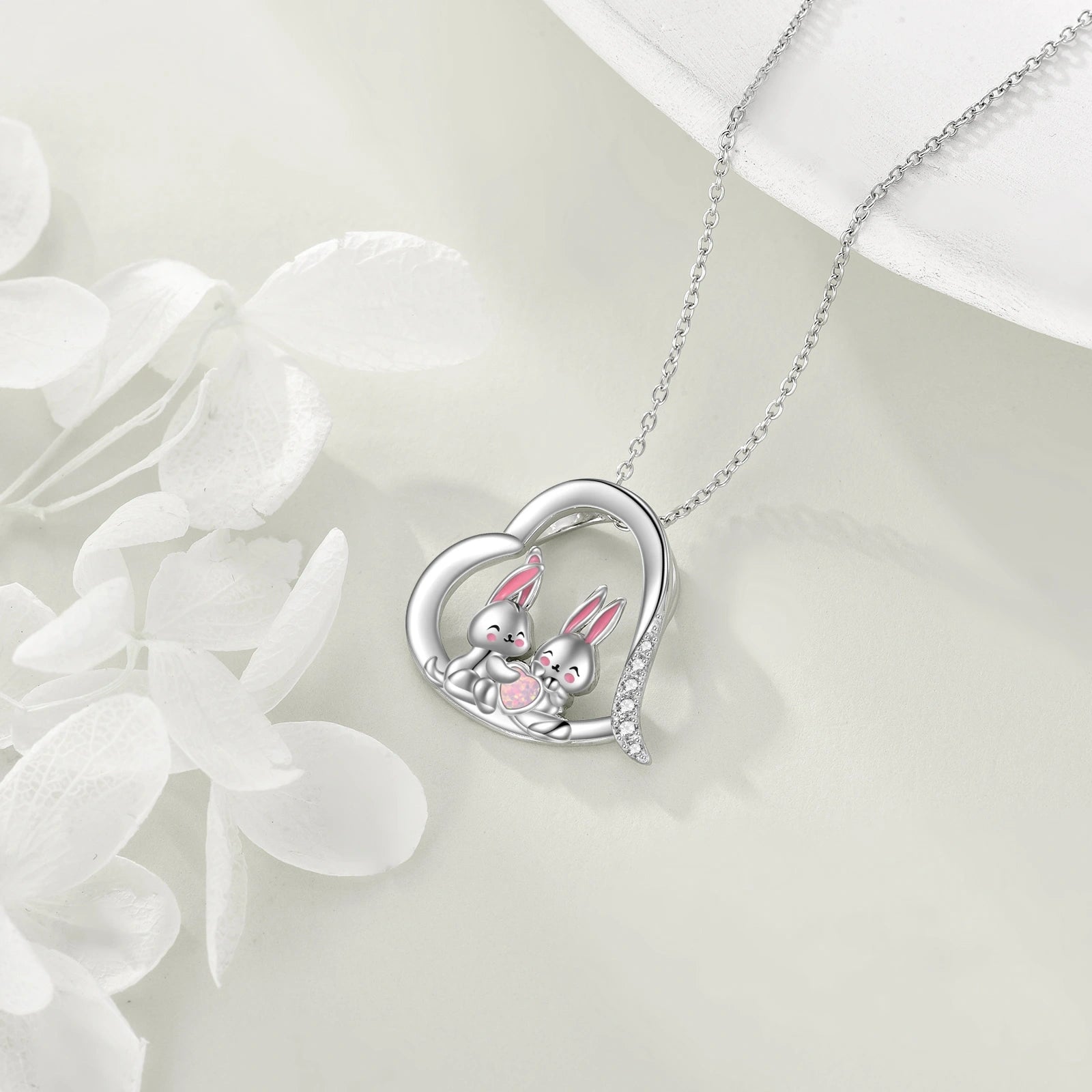 Sterling Silver Heart Cubic Zirconia Opal Rabbit Pendant Necklace For Best Friend