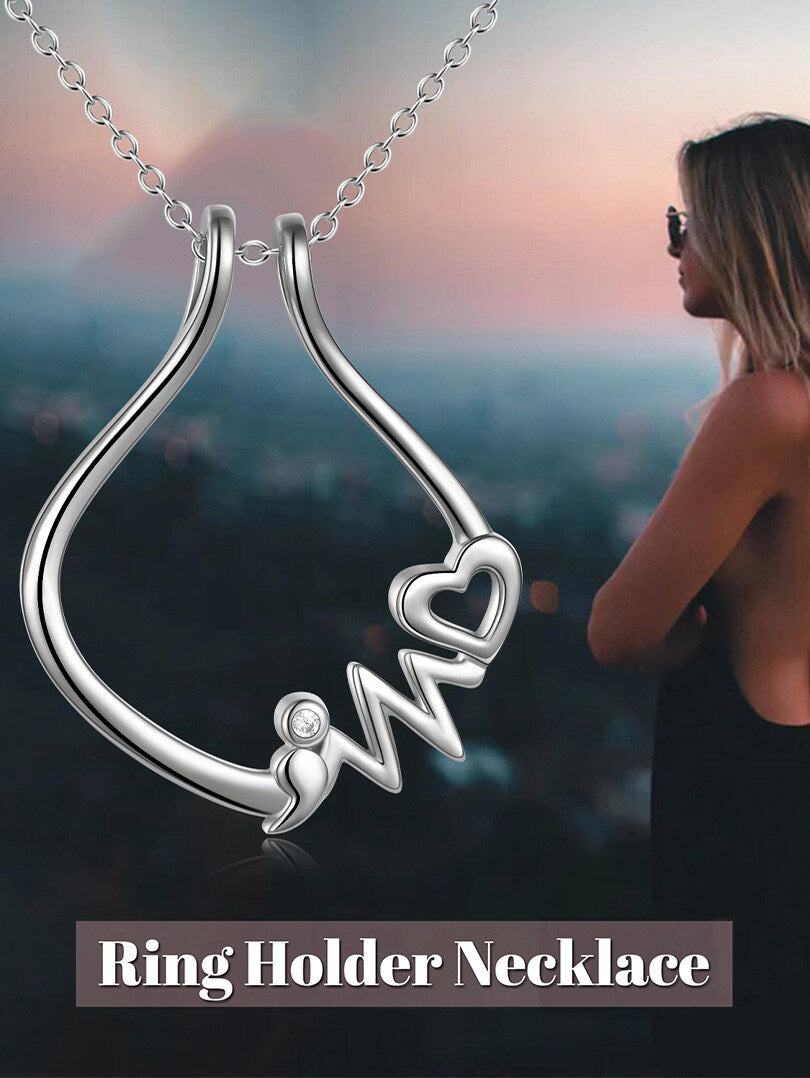 Sterling Silver Circular Shaped Cubic Zirconia Heart & Ring Holder Pendant Necklace