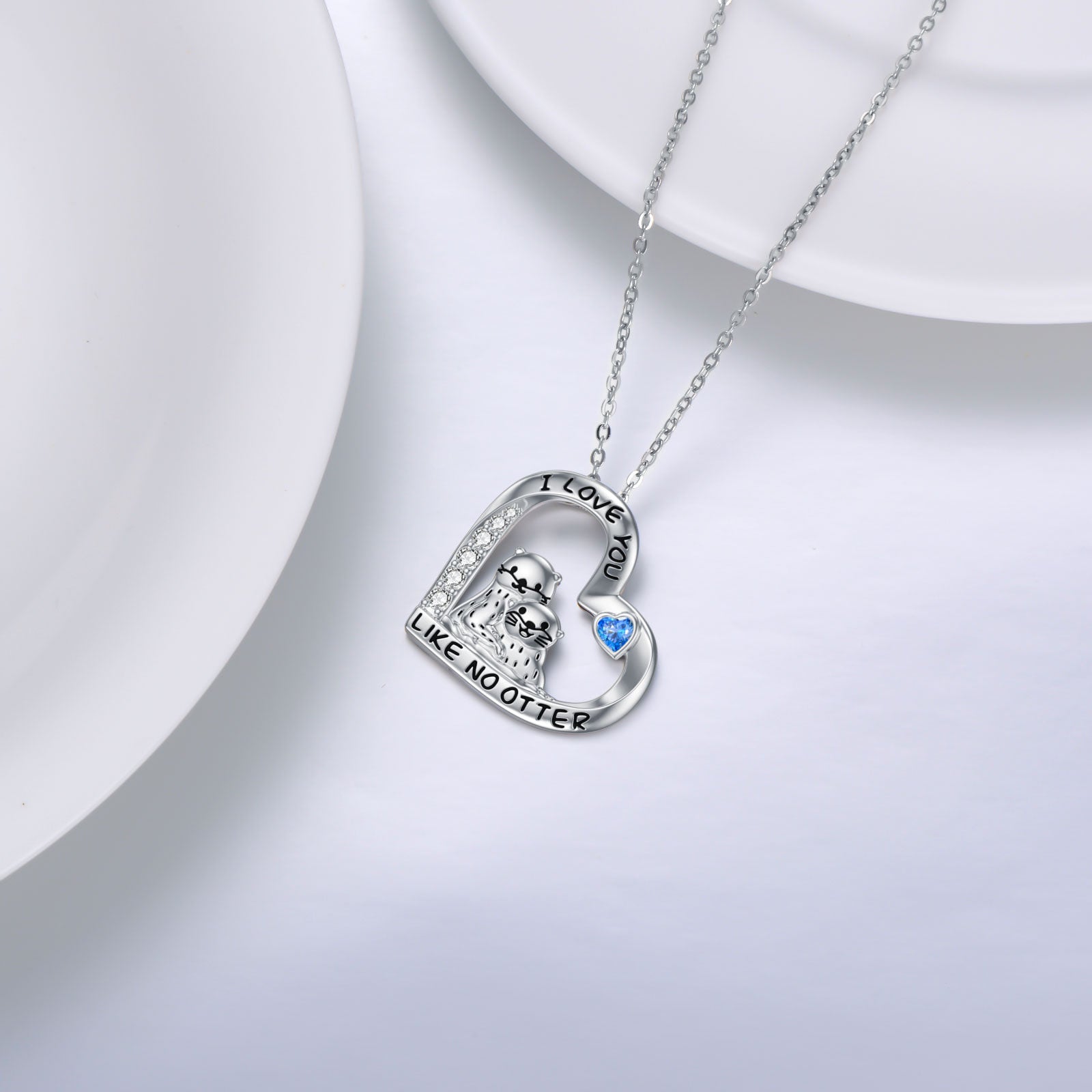 Sterling Silver Heart Cubic Zirconia Sea Otter & Heart Pendant Necklace For Women