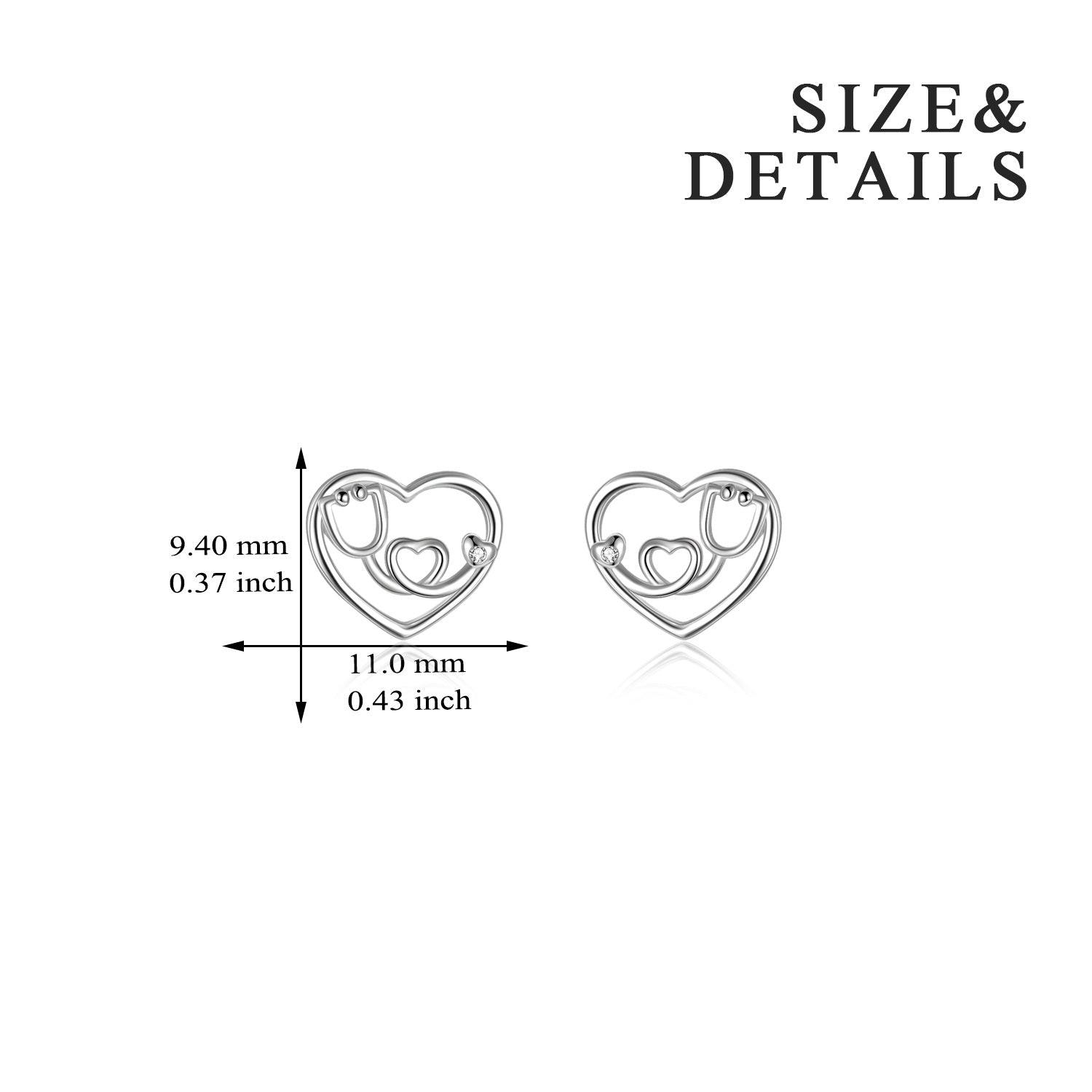 Sterling Silver Circular Shaped Cubic Zirconia Heart & Stethoscope Stud Earrings