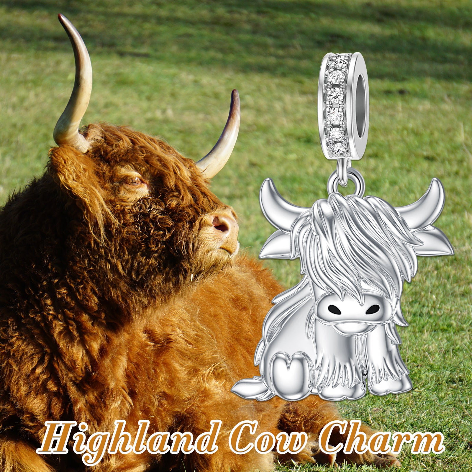 Sterling Silver Circular Shaped Cubic Zirconia Highland Cow Pendant Charms