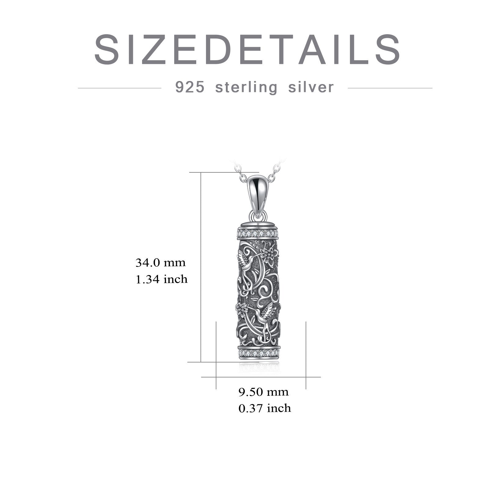 Sterling Silver Circular Shaped Cubic Zirconia Hummingbird & Bar Urn Necklace for Ashes