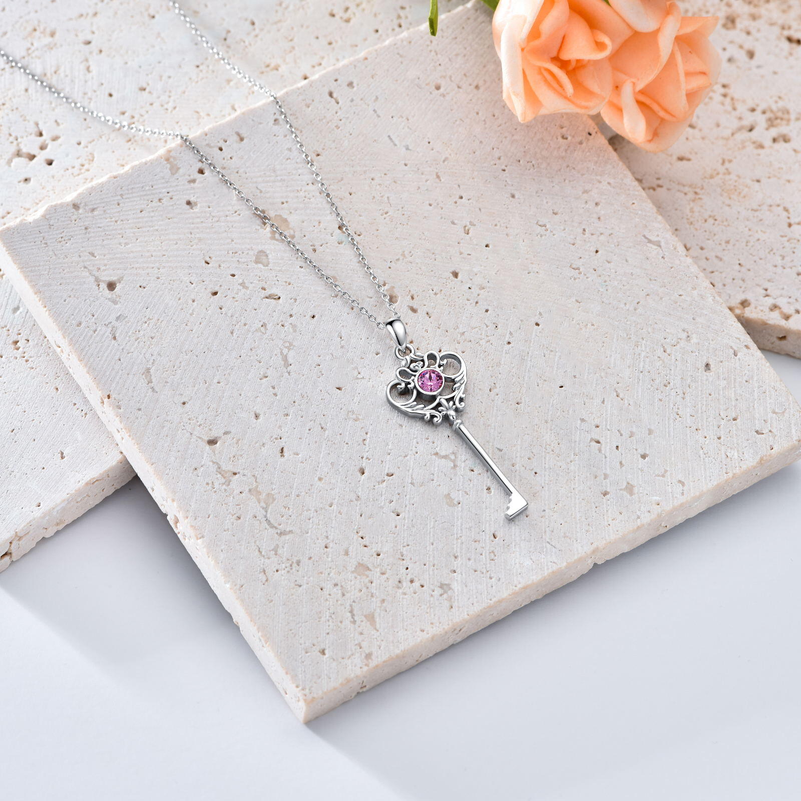 Sterling Silver Circular Shaped Cubic Zirconia Key Pendant Necklace