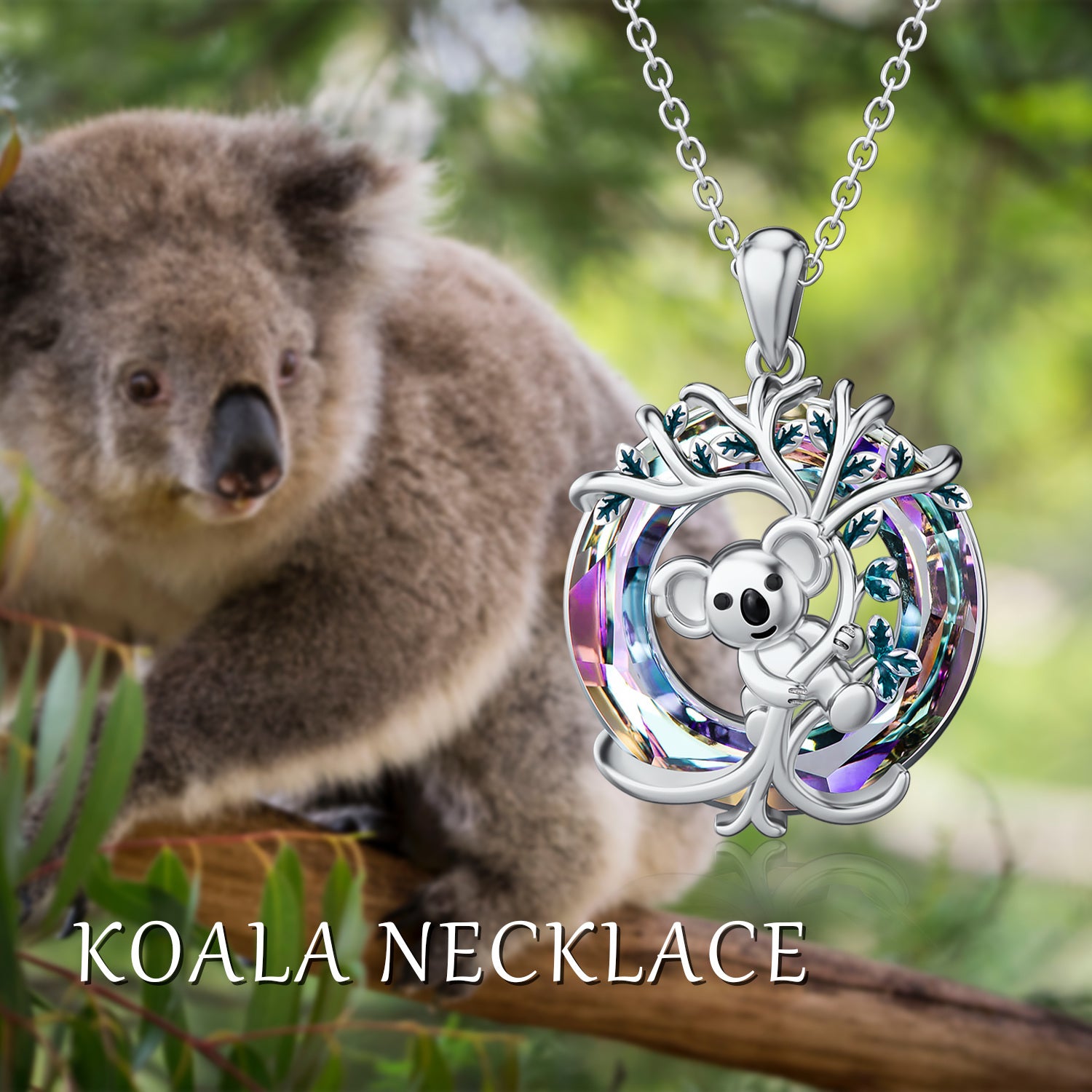 Sterling Silver Circular Shaped Koala Crystal Pendant Necklace