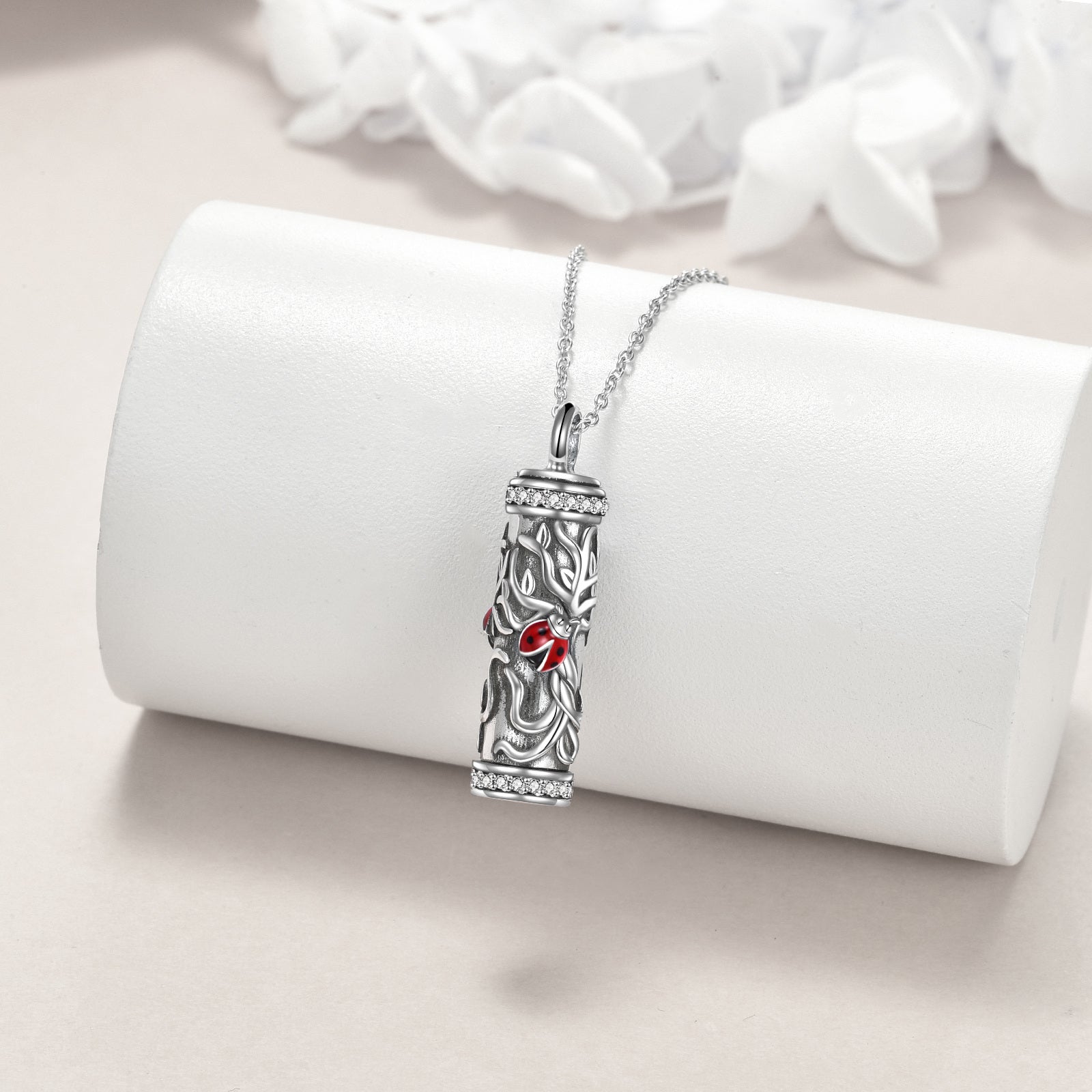 Sterling Silver Circular Shaped Cubic Zirconia Ladybug & Tree Of Life Urn Necklace for Ashes