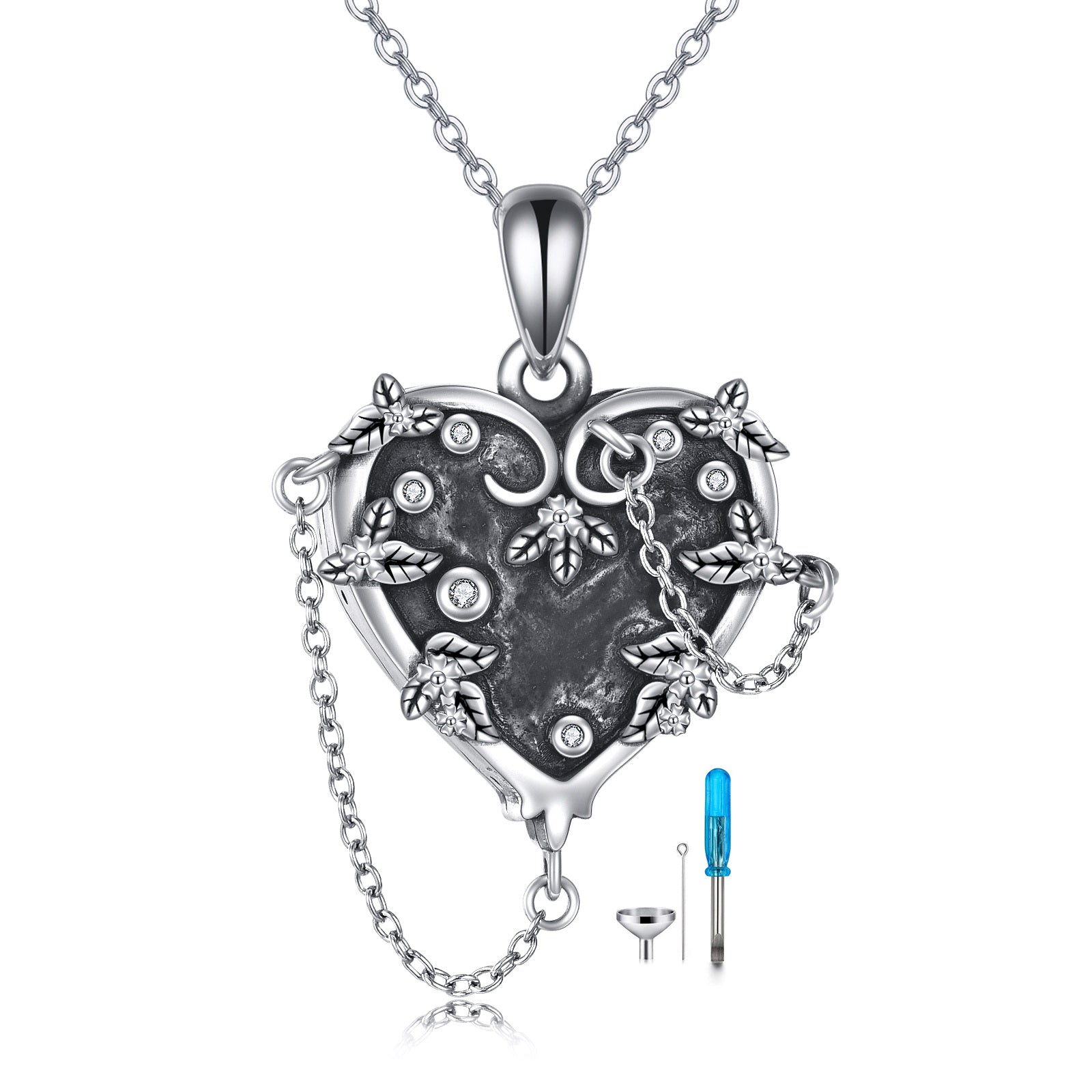 Sterling Silver Circular Shaped Cubic Zirconia Leaves & Heart Urn Necklace for Ashes with Engraved Word