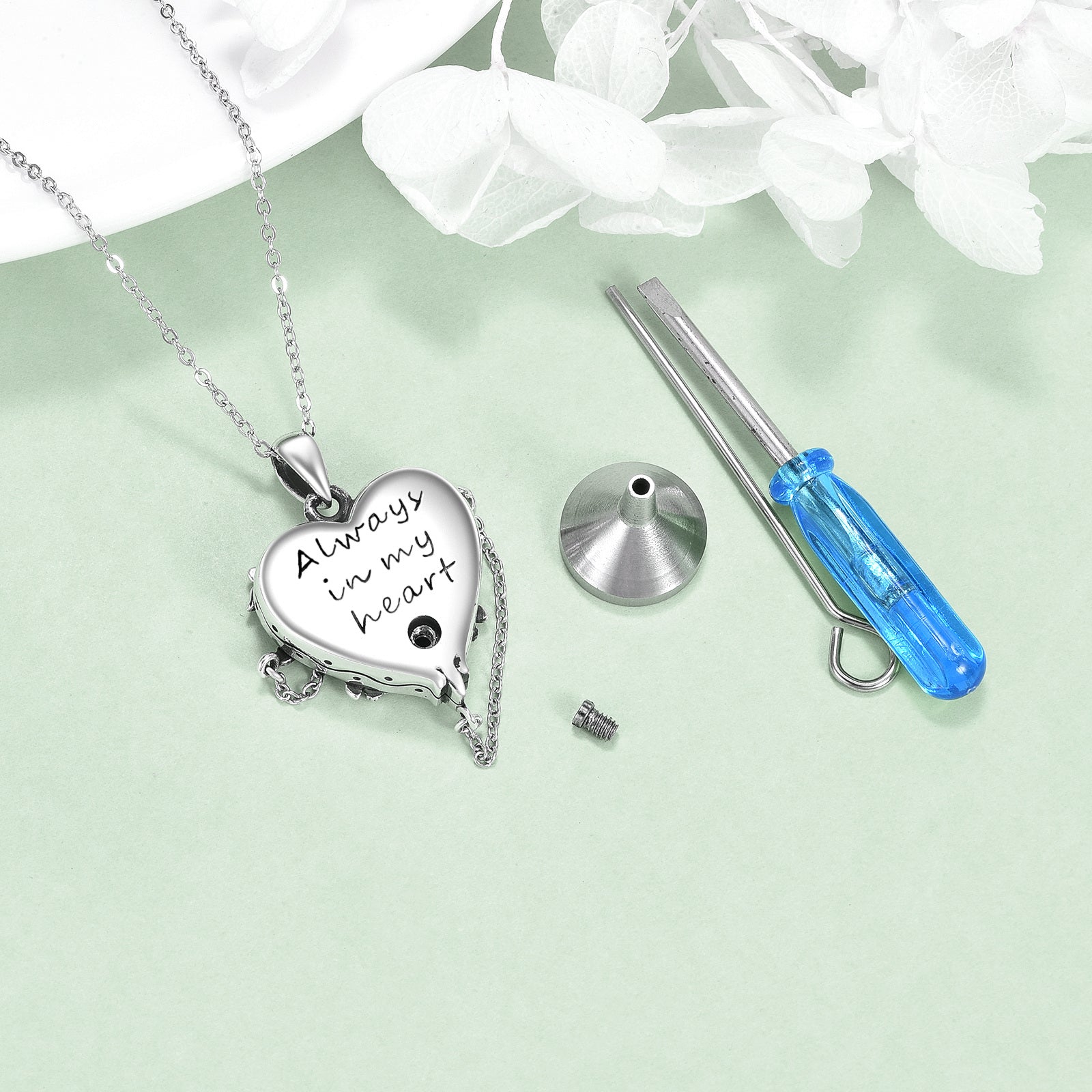 Sterling Silver Circular Shaped Cubic Zirconia Leaves & Heart Urn Necklace for Ashes with Engraved Word