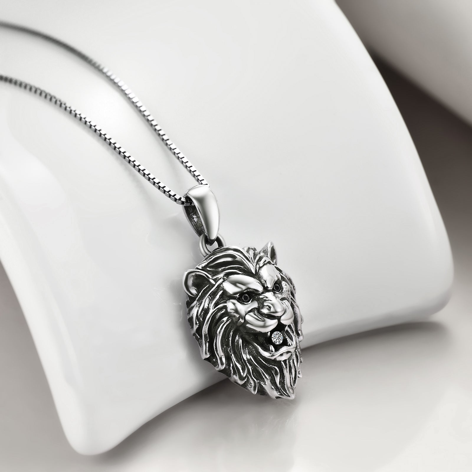 Sterling Silver Circular Shaped Cubic Zirconia Lion Urn Necklace for Ashes