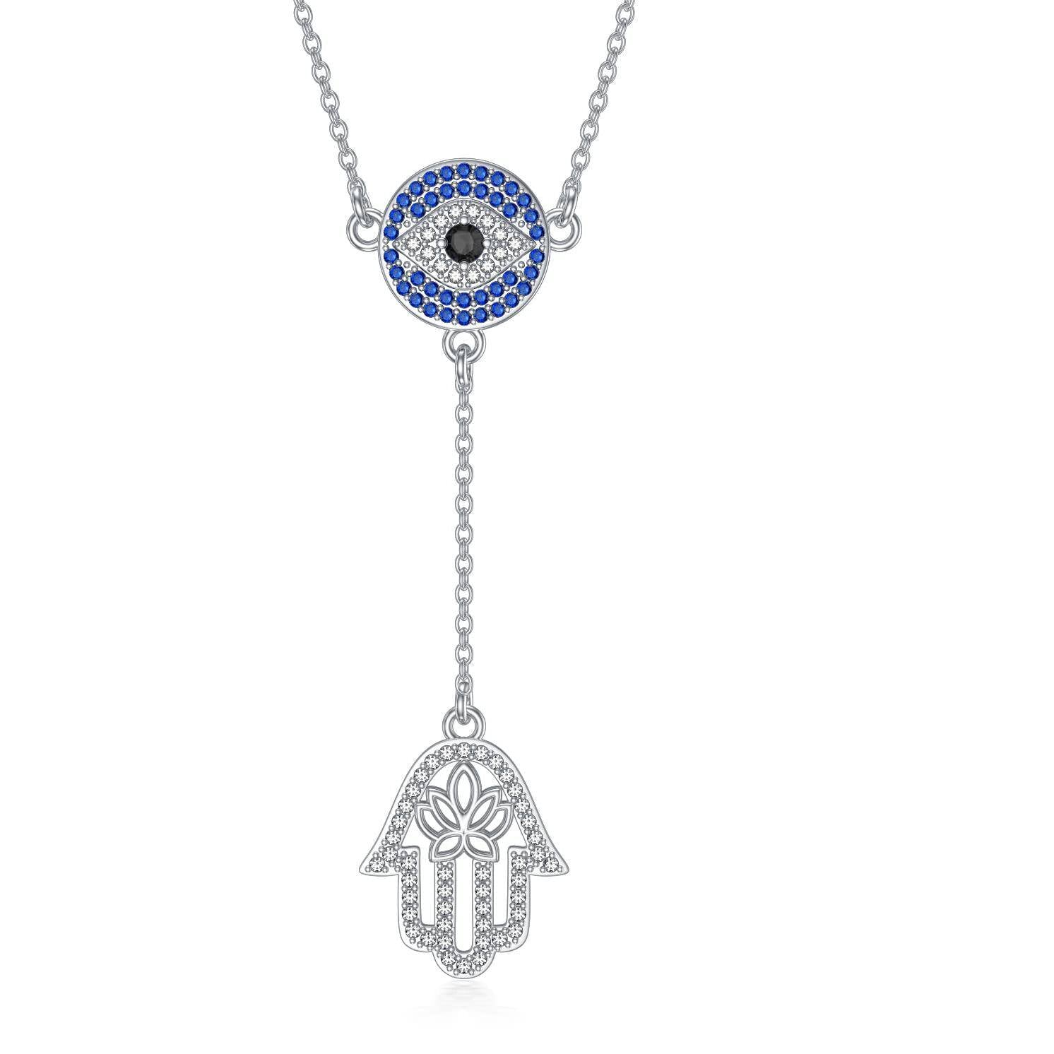 Sterling Silver Circular Cubic Zirconia Lotus With Evil Eye With Hamsa Hand Non-Adjustable Y-Necklace For Women