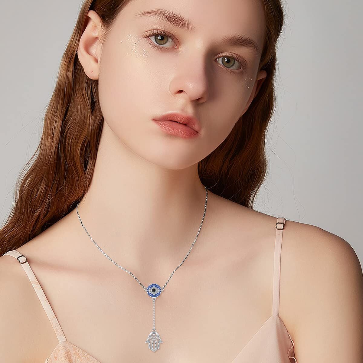 Sterling Silver Circular Cubic Zirconia Lotus With Evil Eye With Hamsa Hand Non-Adjustable Y-Necklace For Women