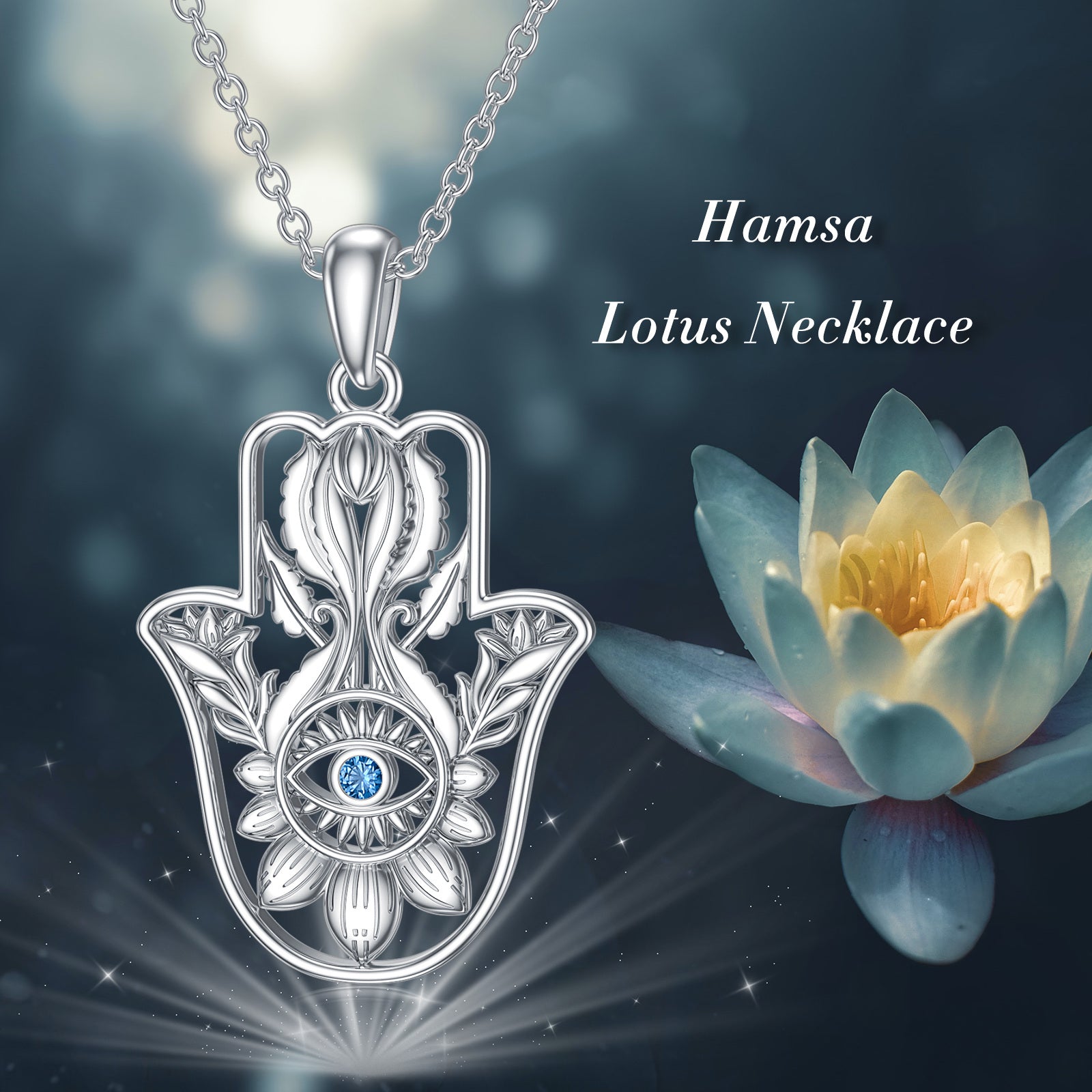 Sterling Silver Cubic Zirconia Lotus Evil Eye Pendant Necklace For Women