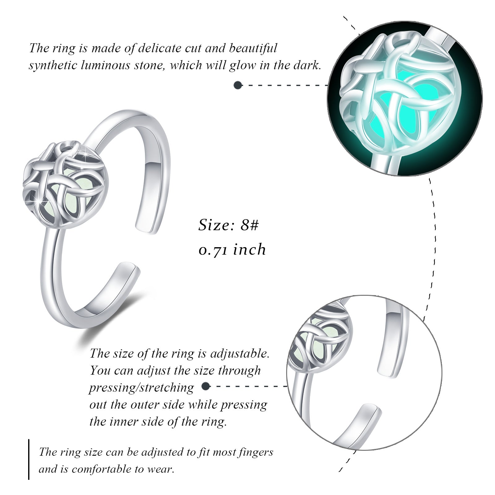 Sterling Silver Round Shaped Luminous Stone Celtic Knot Open Ring