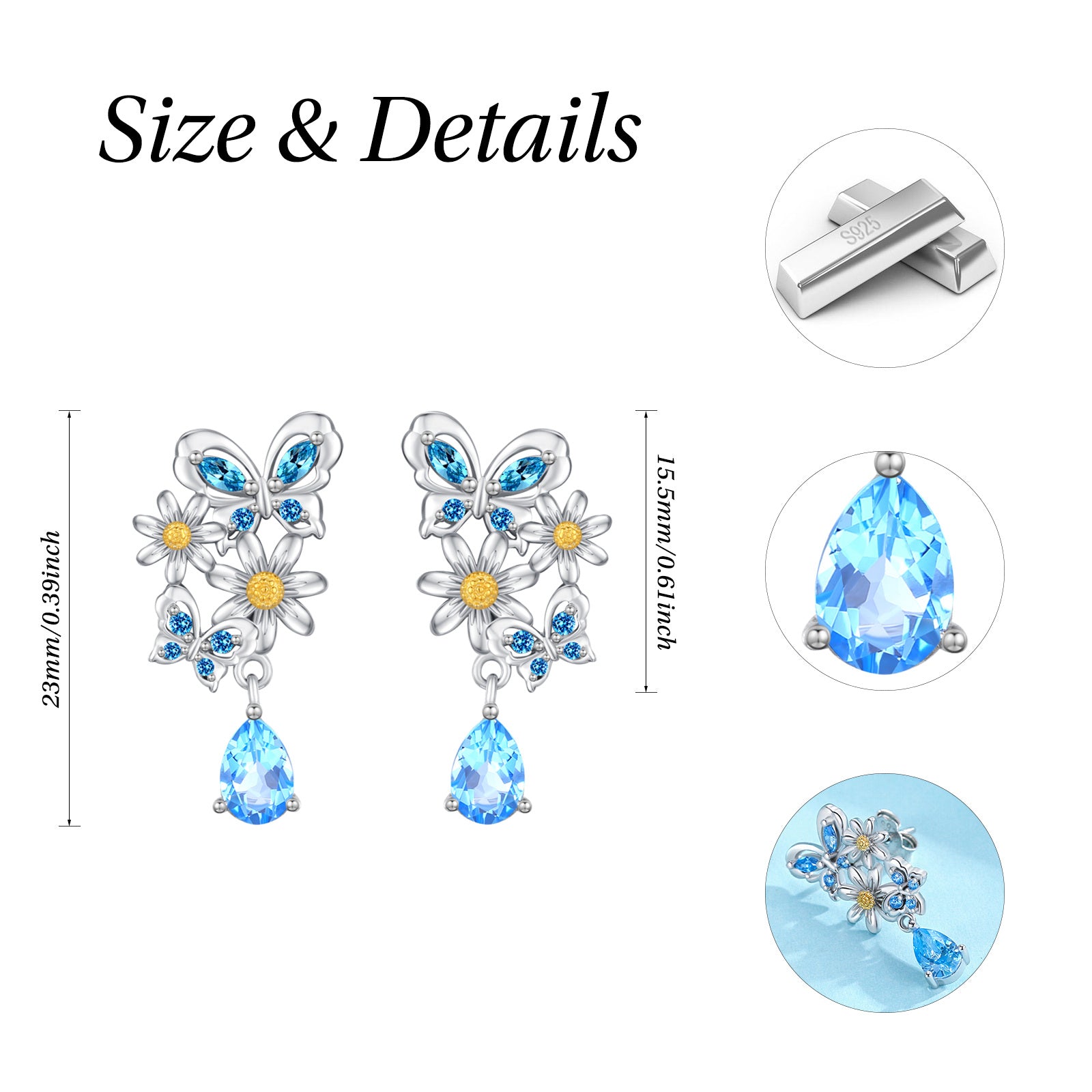 Sterling Silver Circular Marquise Cubic Zirconia Butterfly Drop Earrings For Women