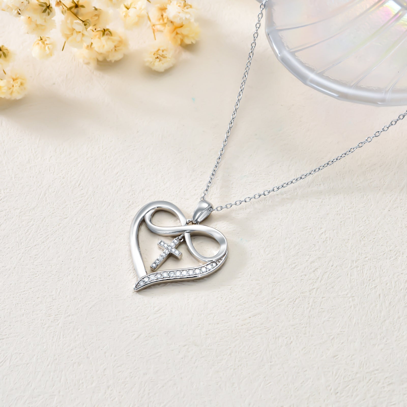 Sterling Silver Circular Shaped Moissanite Cross & Heart Pendant Necklace