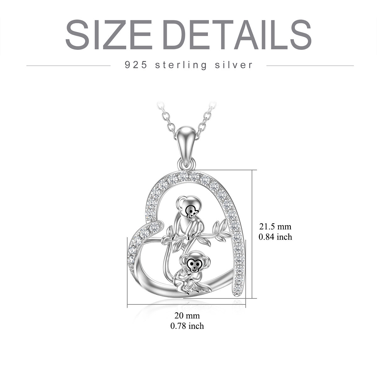 Sterling Silver Circular Shaped Cubic Zirconia Monkey & Heart Pendant Necklace