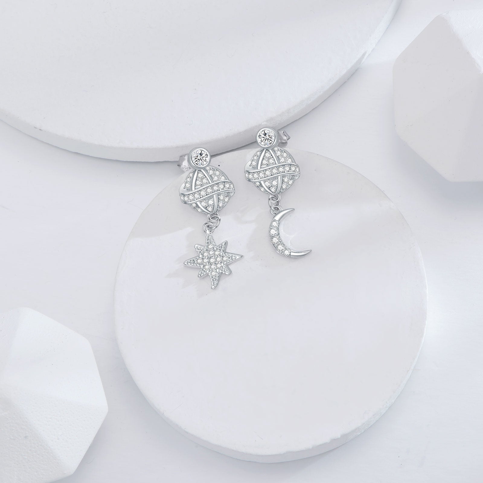 Sterling Silver Circular Shaped Cubic Zirconia Moon & Star Drop Earrings