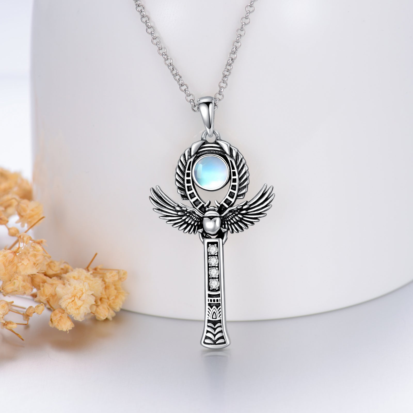 Sterling Silver Circular Shaped Moonstone & Cubic Zirconia Angel Wings Pendant Necklace