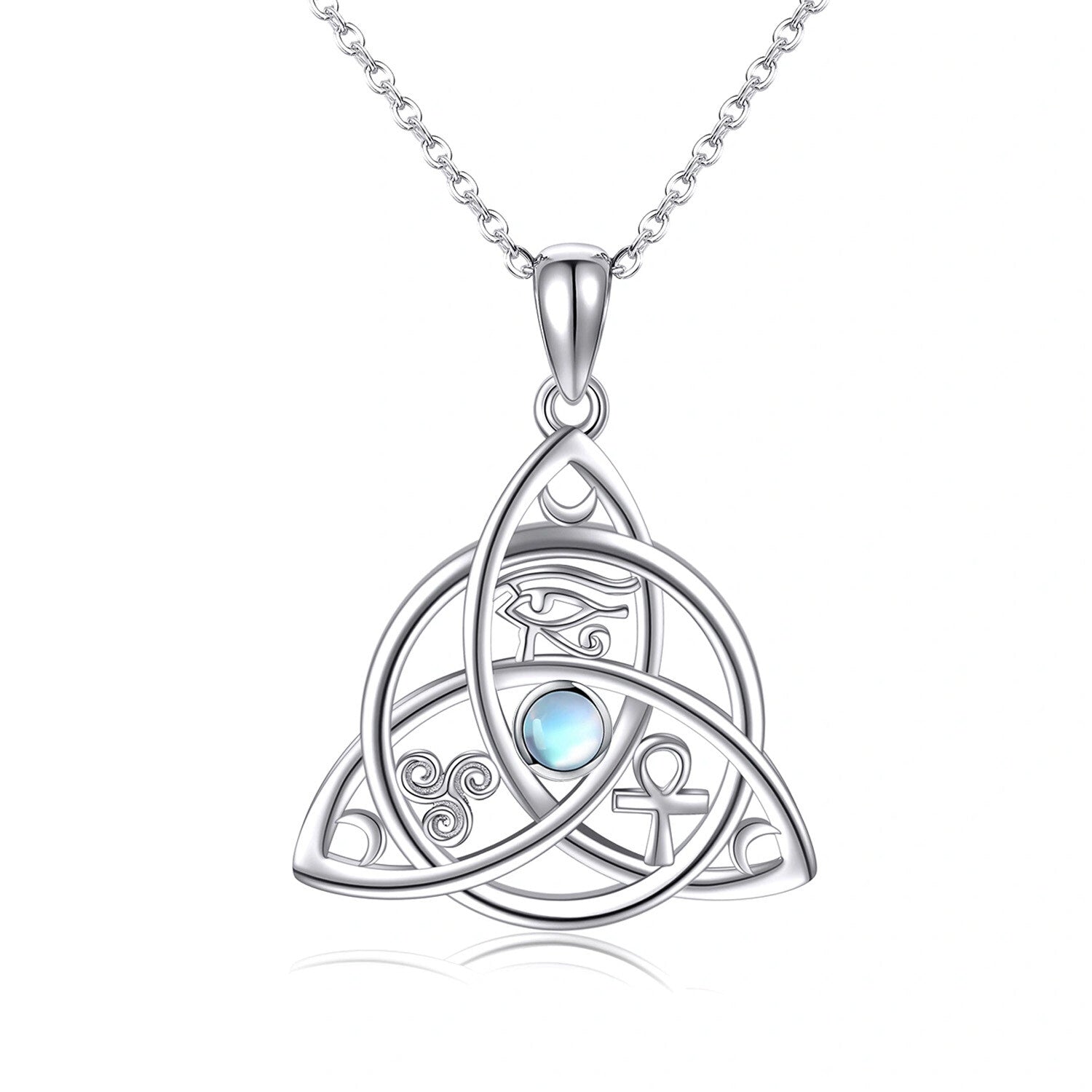Sterling Silver Circular Moonstone Ankh Celtic Knot With Eye Of Horus Pendant Necklace For Women