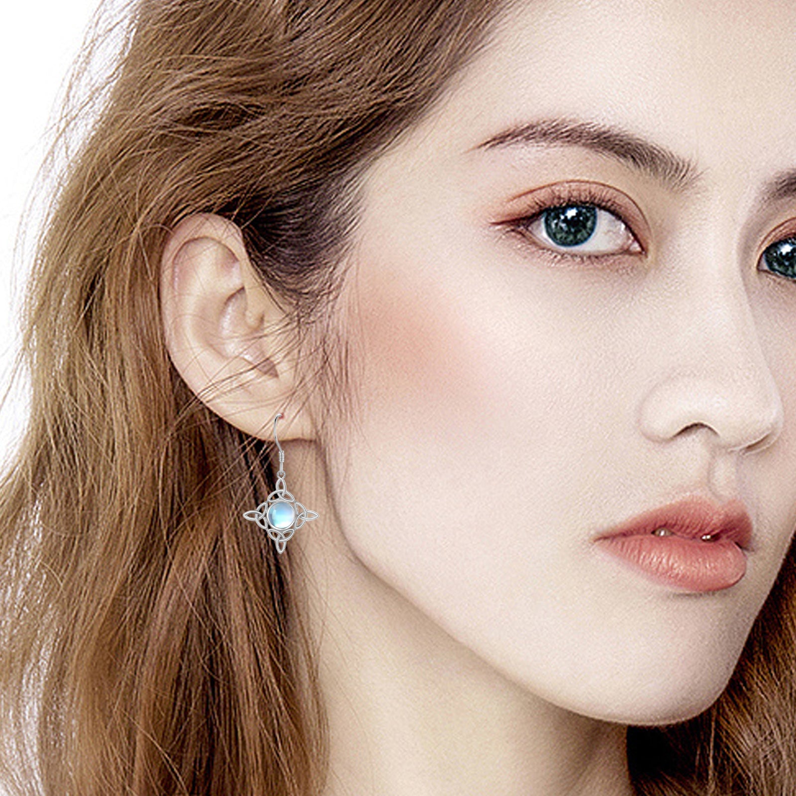 Sterling Silver Circular Moonstone Celtic Knot & Cross Drop Earrings For Women