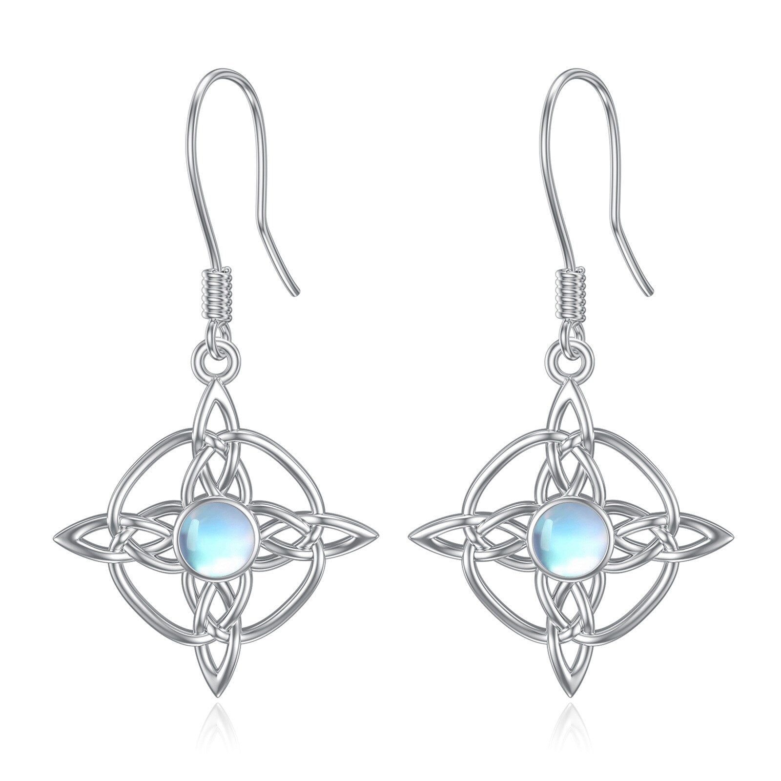 Sterling Silver Circular Shaped Moonstone Celtic Knot & Cross Drop Earrings