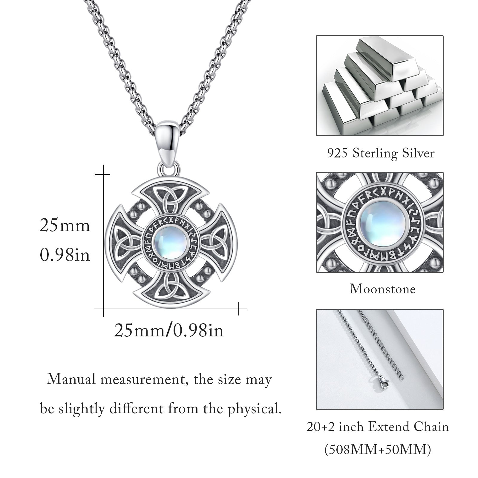 Sterling Silver Circular Moonstone Celtic Knot With Cross With Viking Rune Pendant Necklace For Women Best Friend