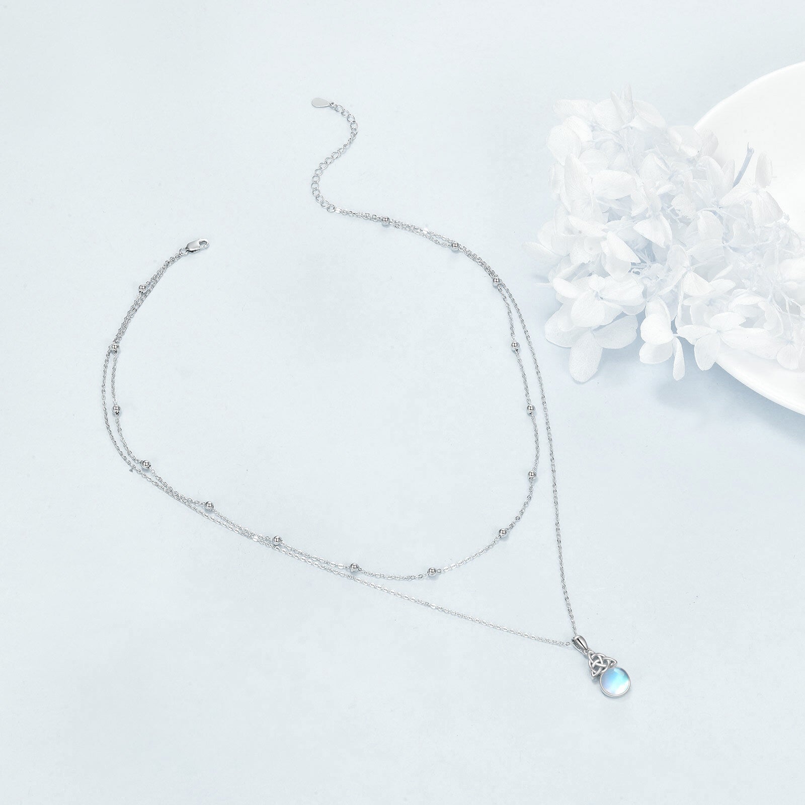 Sterling Silver Circular Shaped Moonstone Celtic Knot Layered Necklace