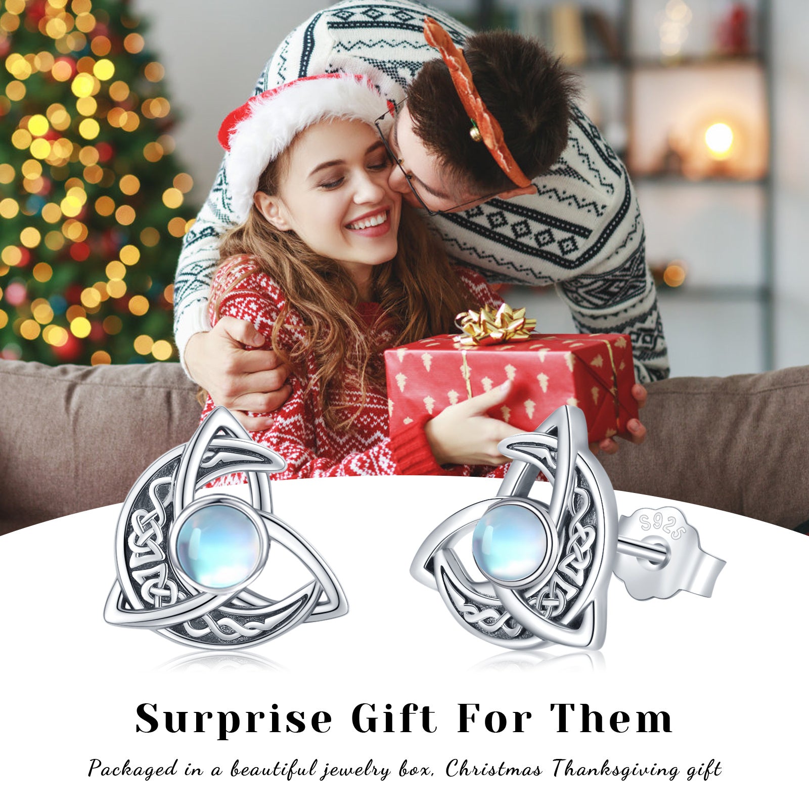 Sterling Silver Circular Shaped Moonstone Celtic Knot & Moon Stud Earrings