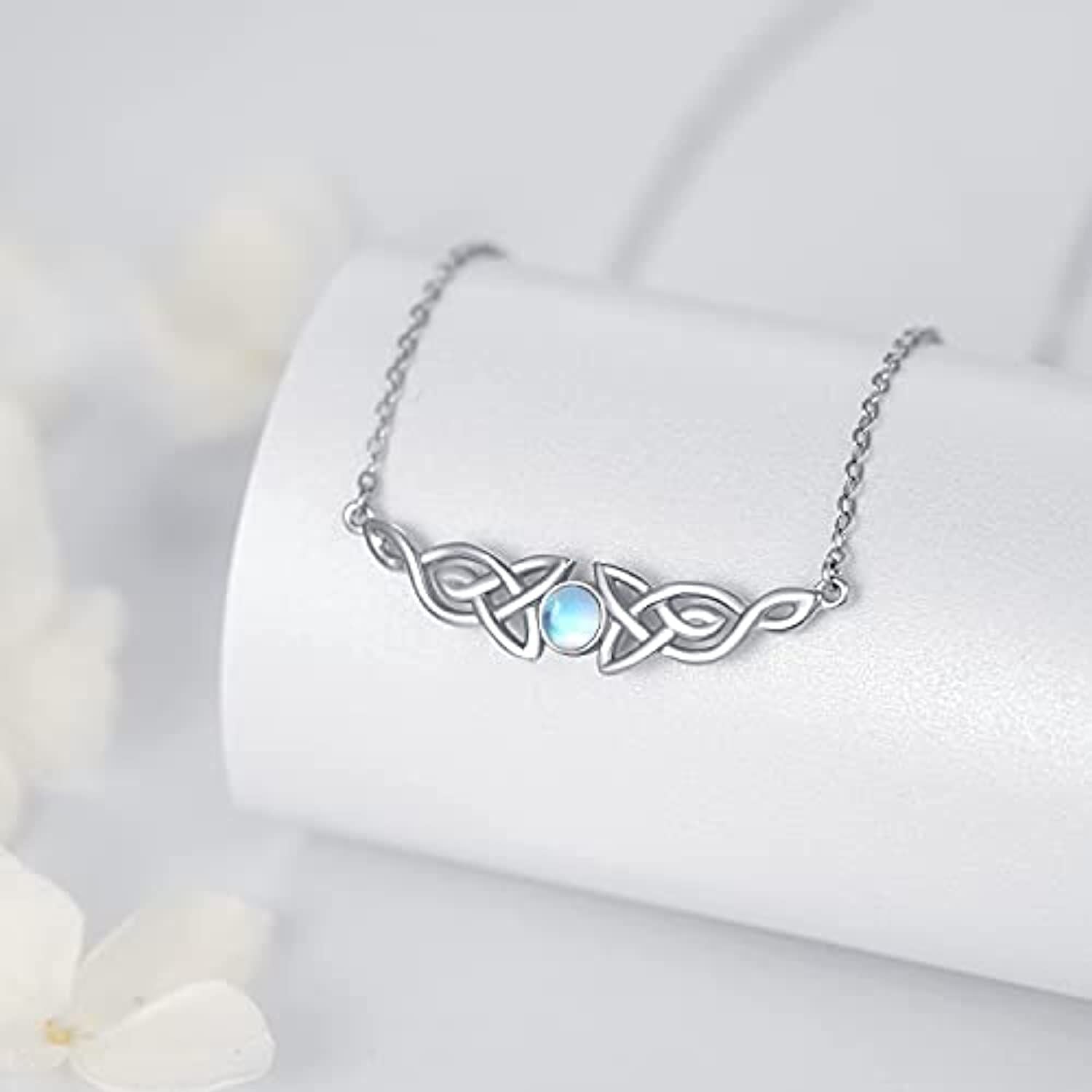 Sterling Silver Circular Shaped Moonstone Celtic Knot Pendant Necklace