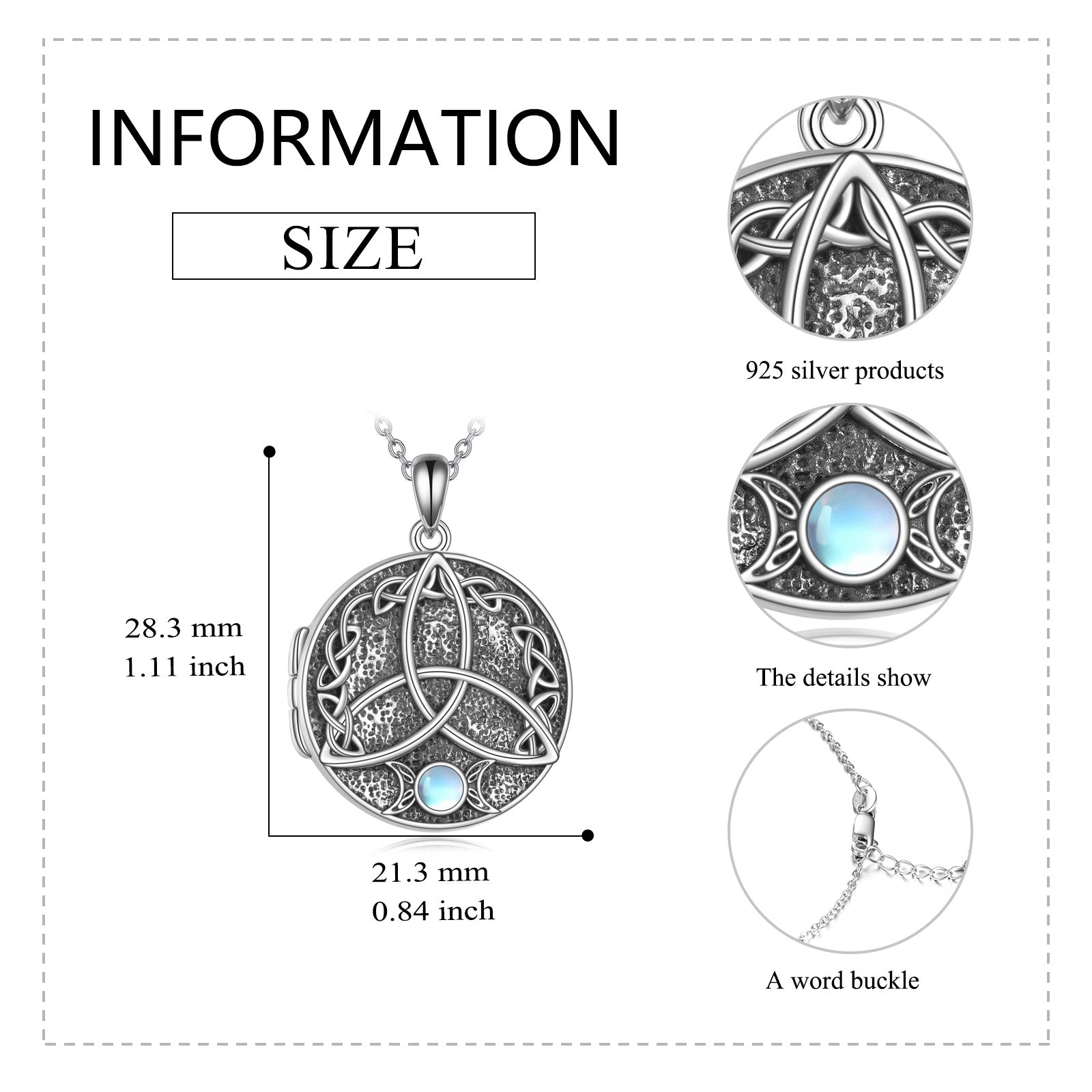Sterling Silver Circular Shaped Moonstone Celtic Knot Personalized Photo Locket Necklace