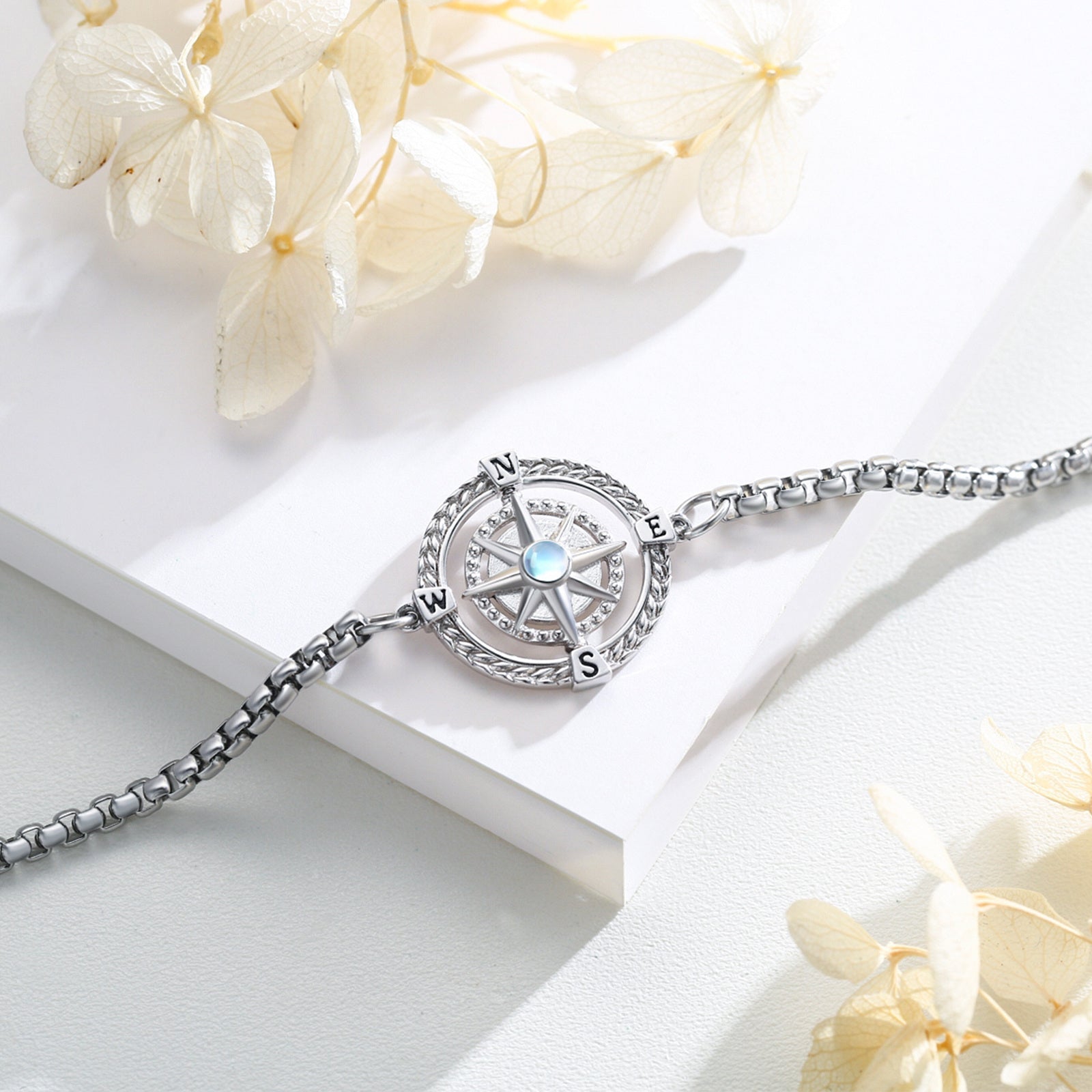 Sterling Silver Circular Shaped Moonstone Compass Charm Bracelet