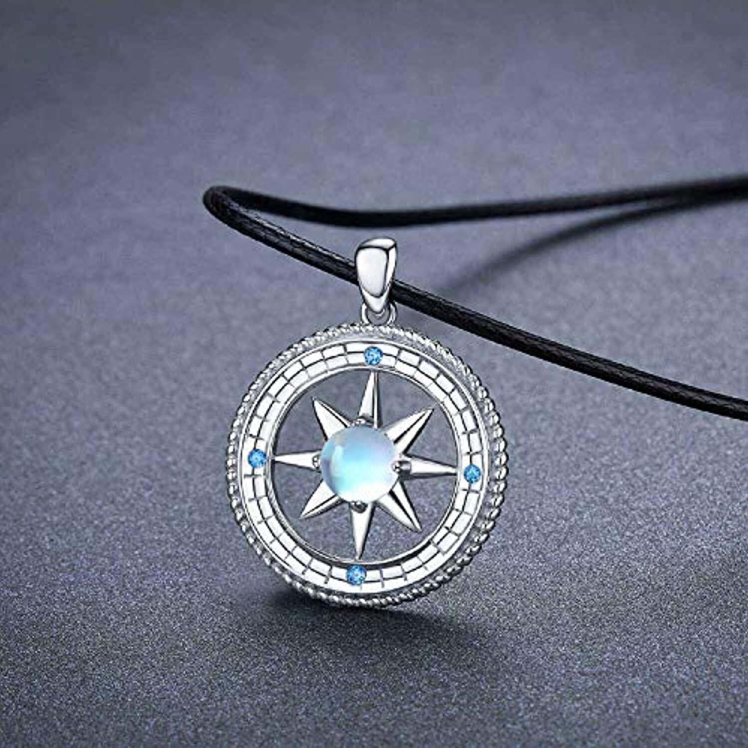 Sterling Silver Circular Shaped Moonstone Compass Pendant Necklace