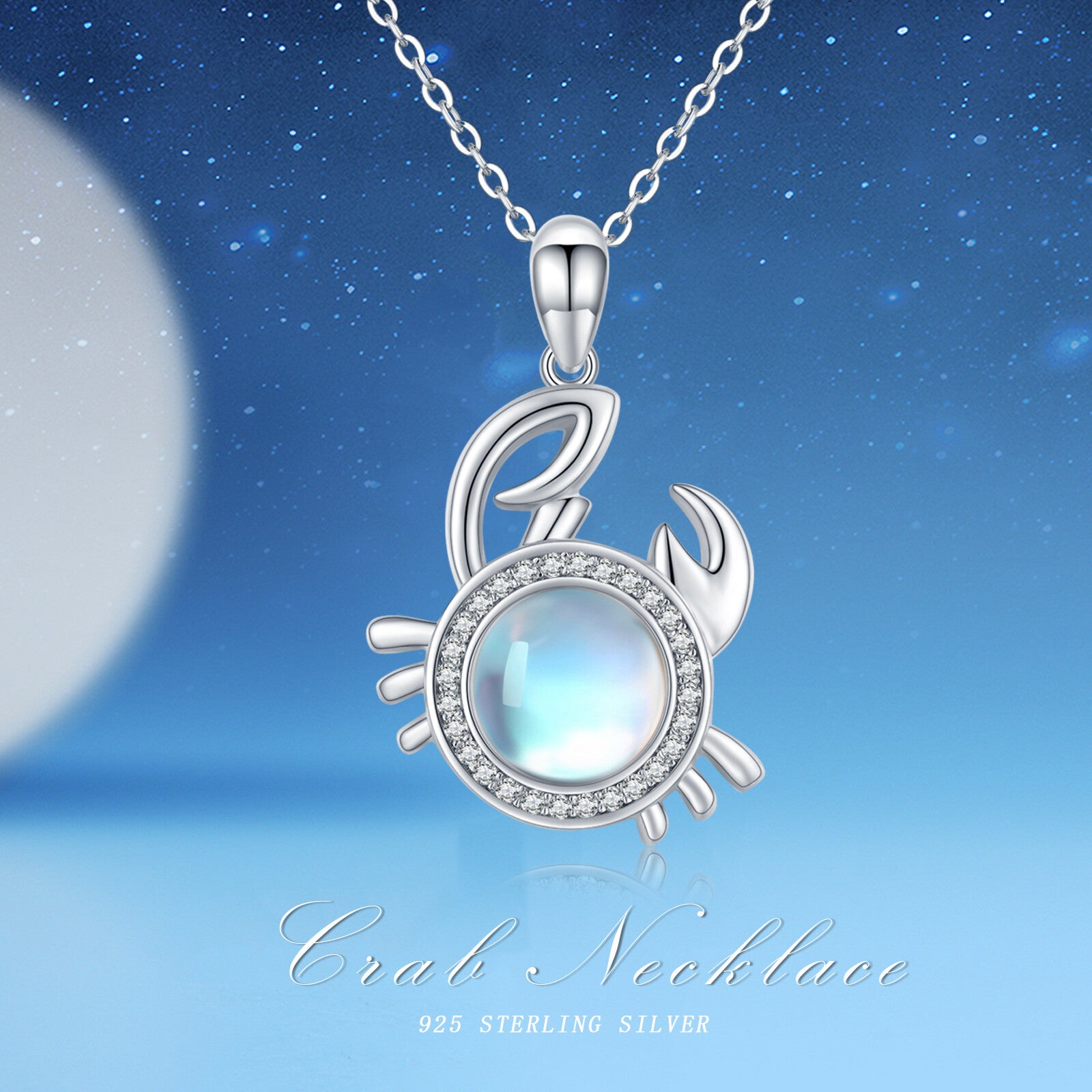 Sterling Silver Circular Shaped Moonstone Crab Pendant Necklace