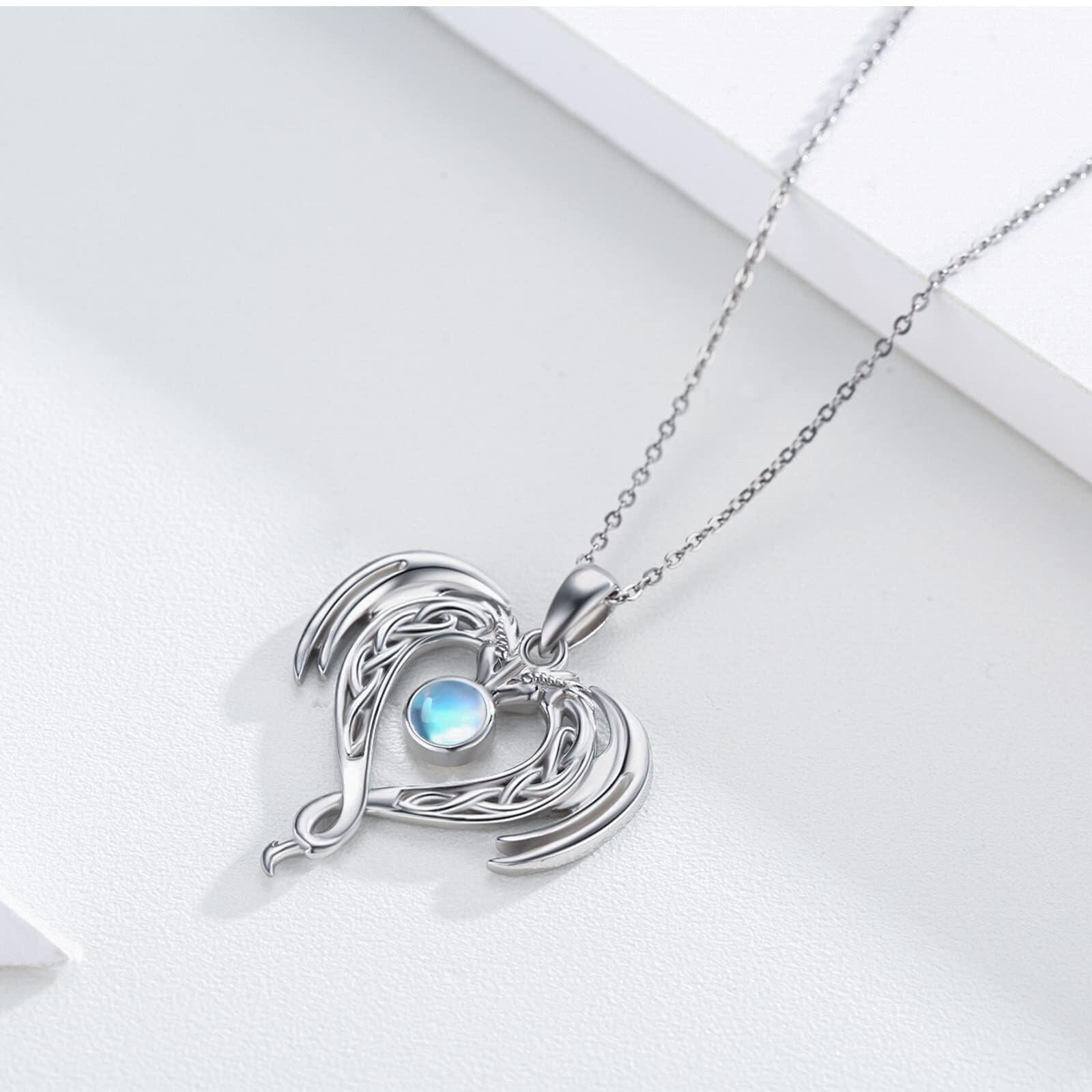 Sterling Silver Circular Moonstone Dragon Celtic Knot And Heart Pendant Necklace For Women