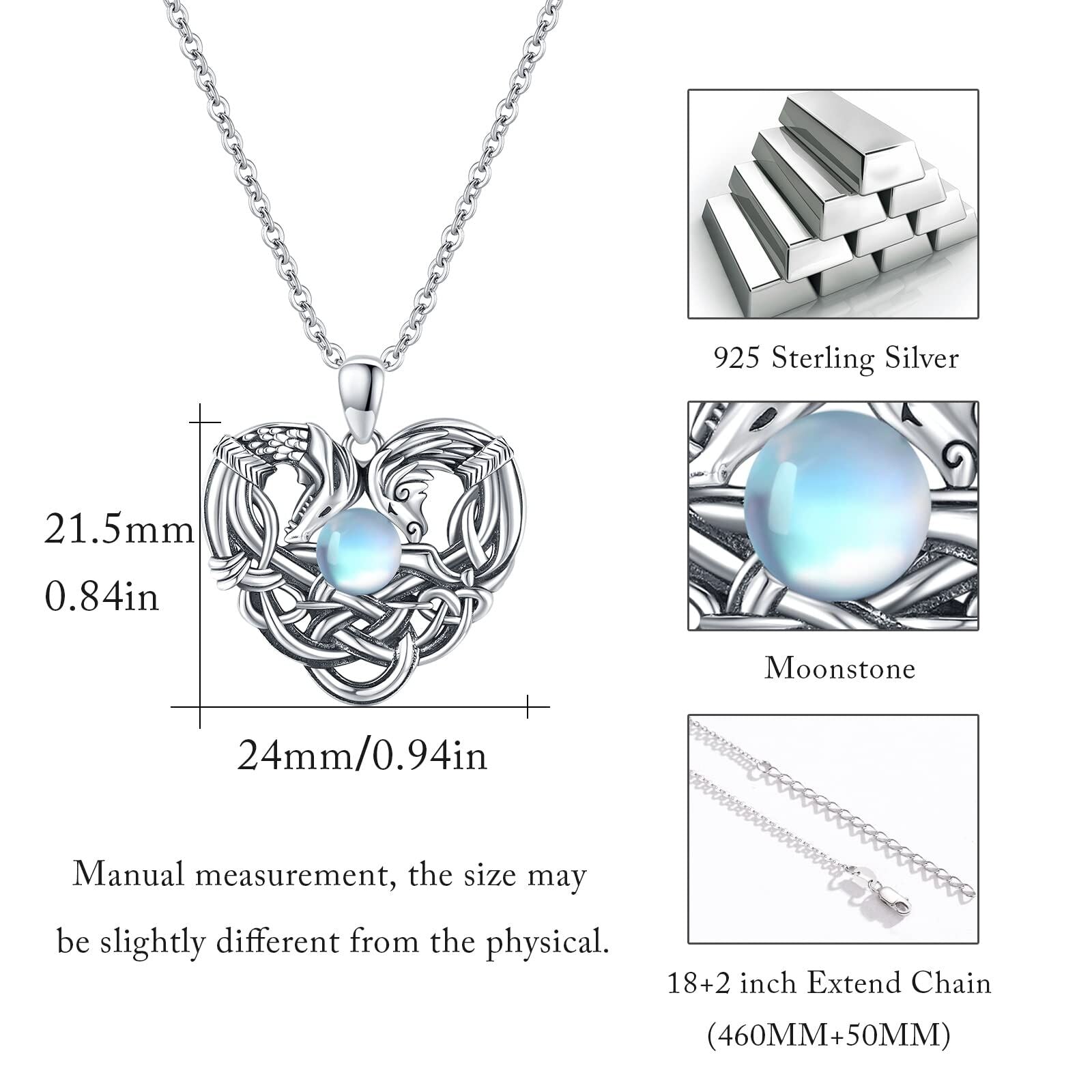 Sterling Silver Circular Shaped Moonstone Dragon & Horse Pendant Necklace