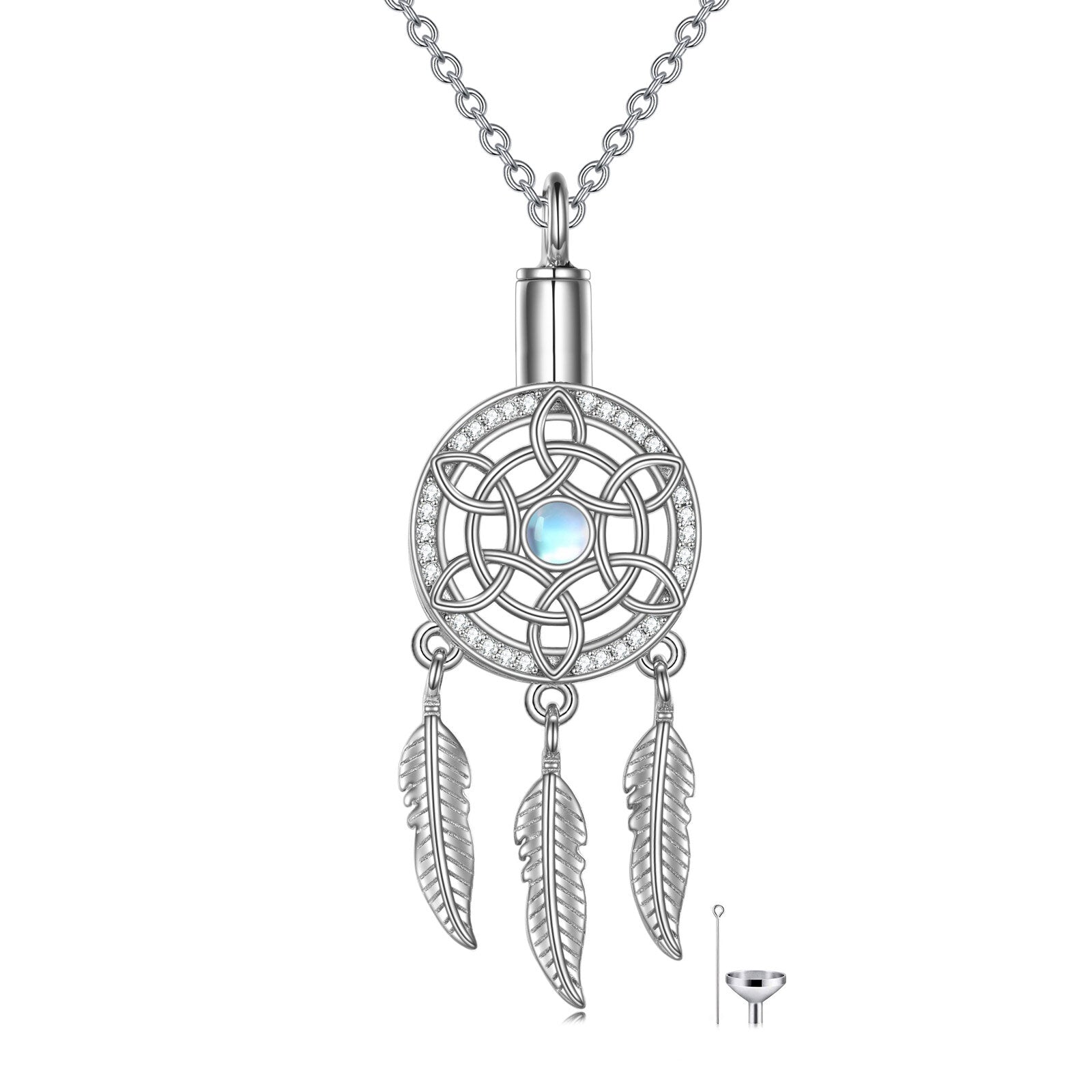 Sterling Silver Circular Shaped Moonstone Dream Catcher Urn Necklace for Ashes