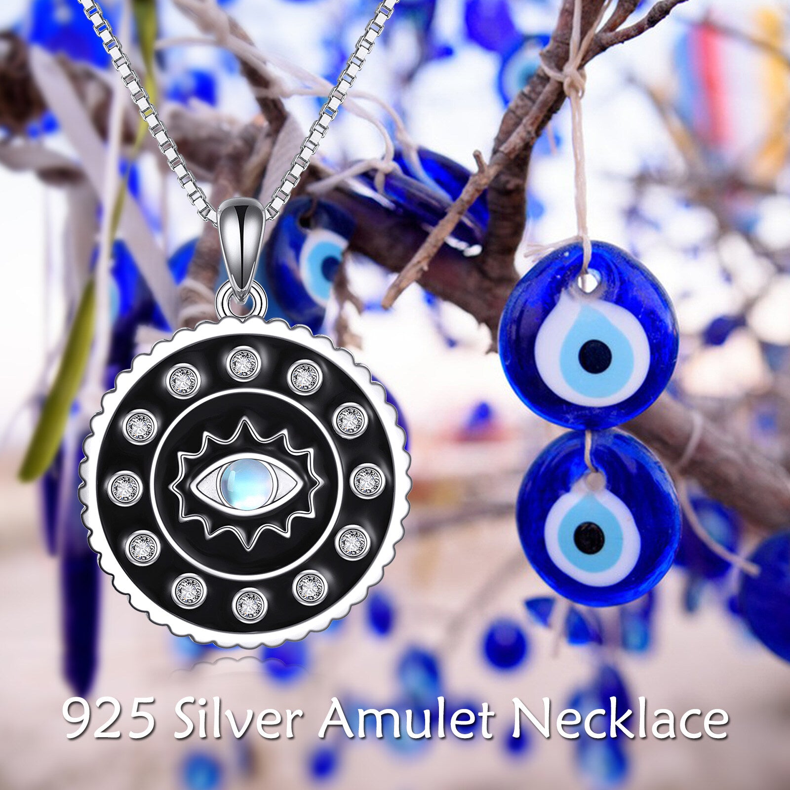 Sterling Silver Circular Shaped Moonstone Evil Eye Pendant Necklace