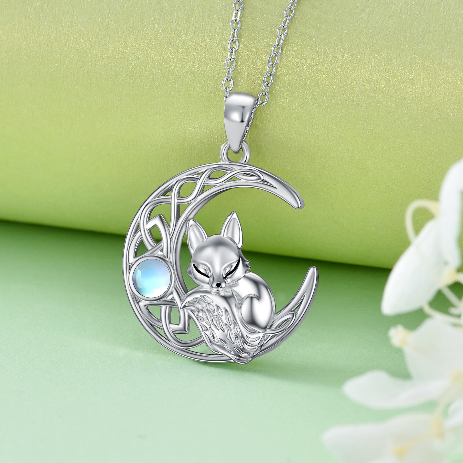 Sterling Silver Circular Shaped Moonstone Fox & Moon Pendant Necklace